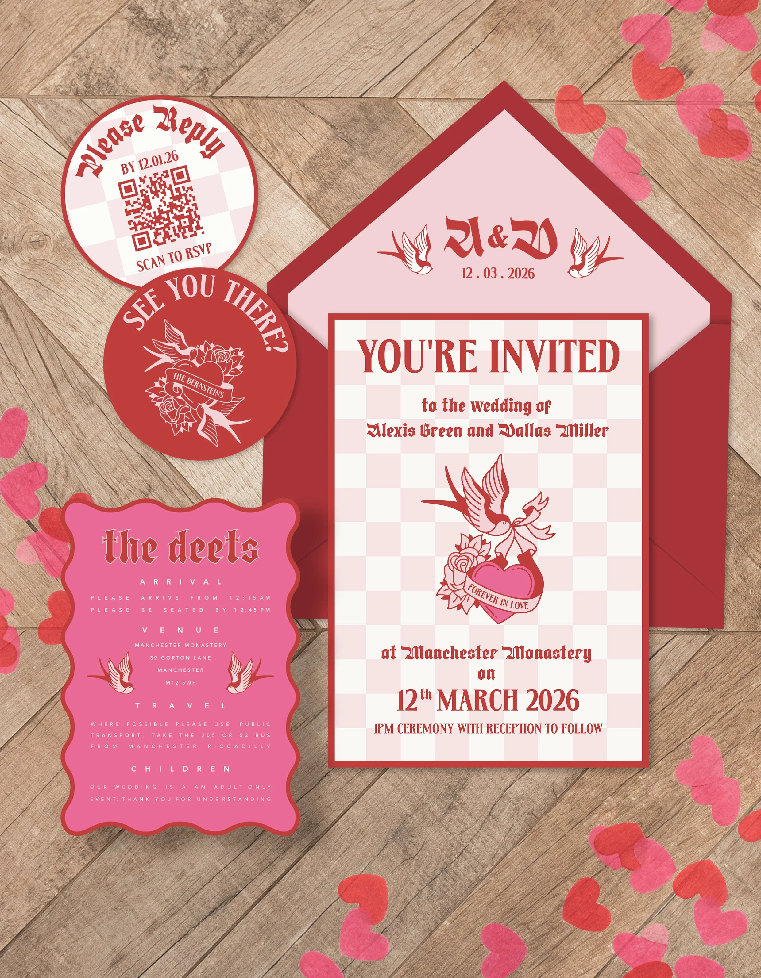 Wedding invitation with red and pink accents, featuring a bird and floral design, inviting guests to a ceremony at Manchester Monastery on March 12, 2026, with reception to follow. Additional info includes RSVP, arrival time, and travel details, with pink and red heart-shaped confetti scattered on a wooden background.
