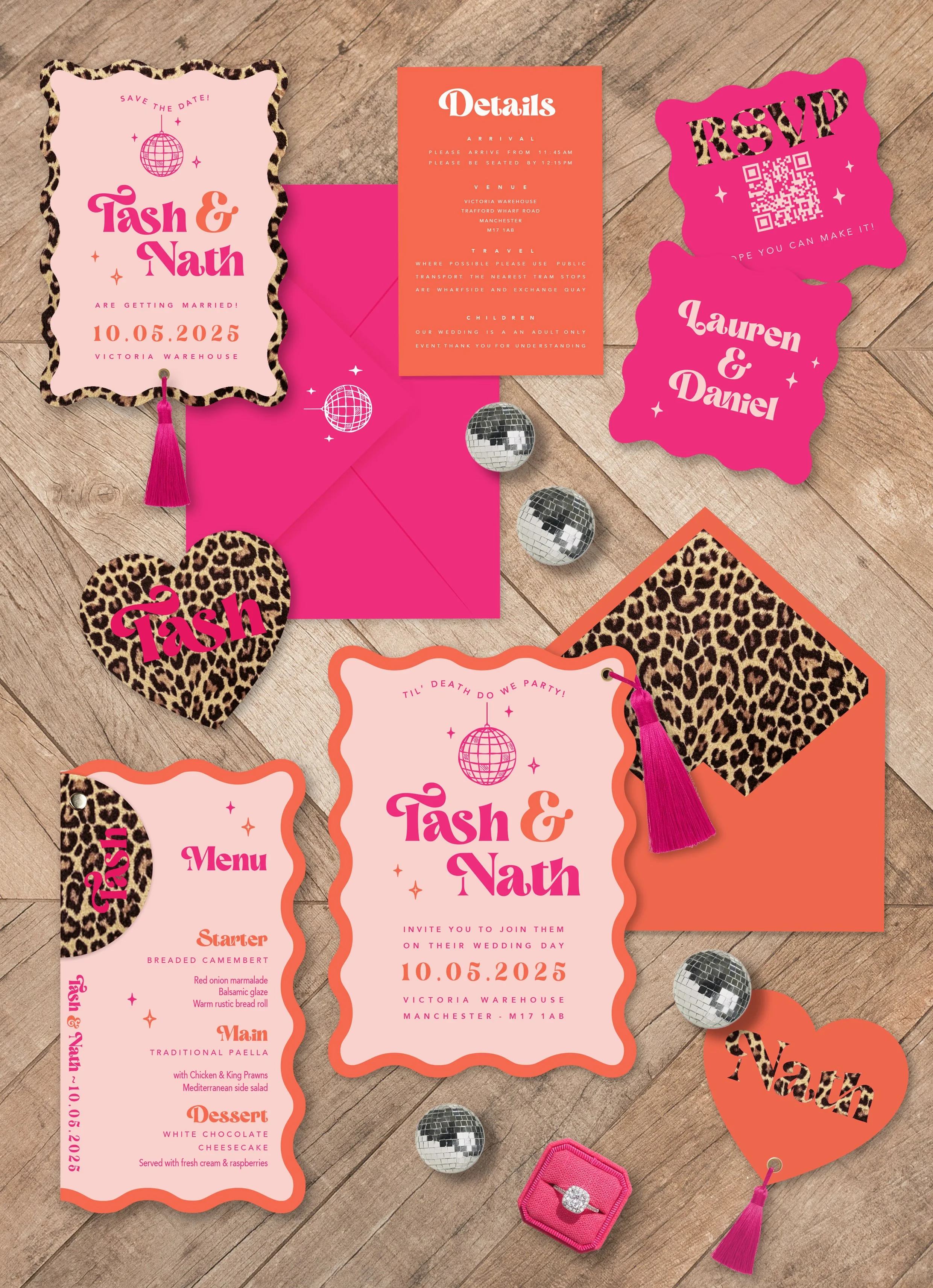 Collection of wedding-themed invitations and decor in vibrant pink and leopard print patterns with scalloped edges, featuring details about the wedding of Tash and Nath taking place on October 5, 2025, at Victoria Warehouse in Manchester, along with RSVP cards, menu, and decorative items like disco balls and a ring in a pink box.