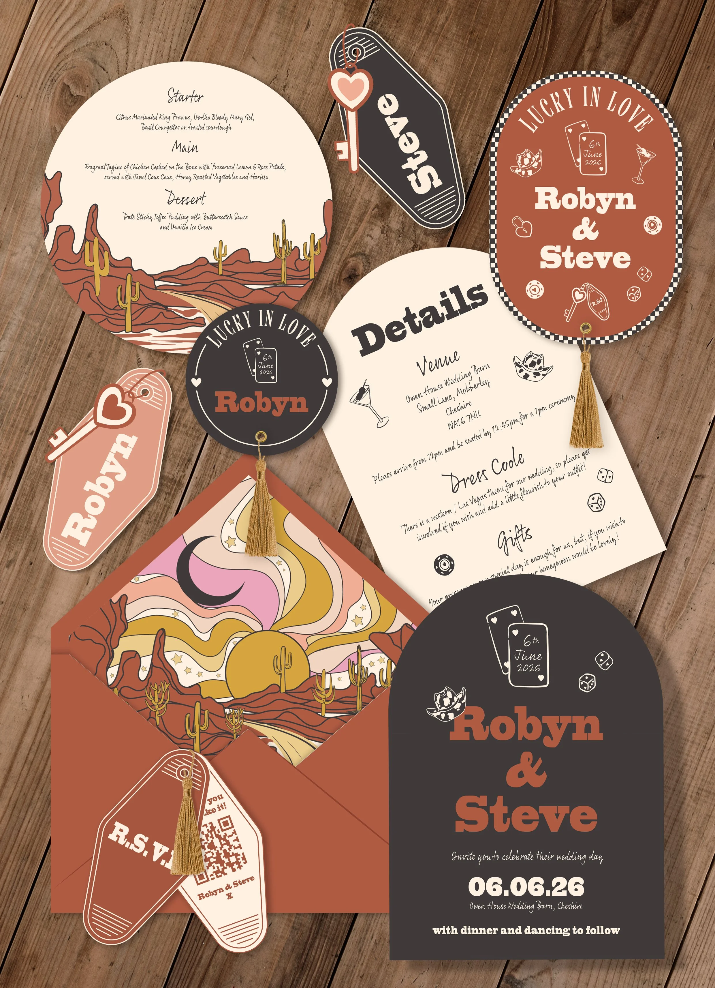 Wedding invitation with desert-themed and boho design elements, including details about the ceremony, venue, dresses code, and gifts, along with matching tags and tags with tassels.