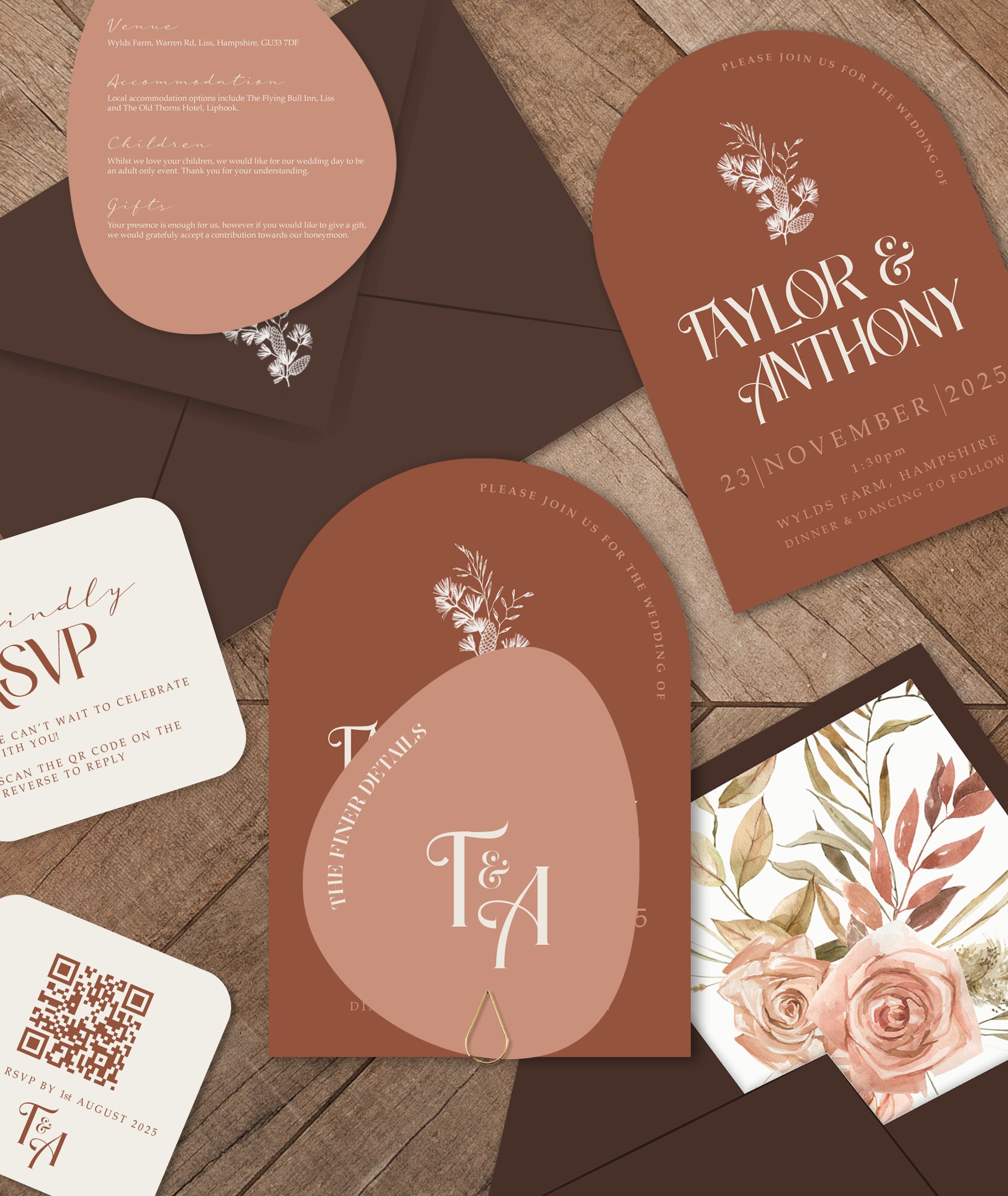 Wedding invitation suite including save-the-date card, RSVP card, main invitation with floral design, and envelope with floral liner. The theme features earthy tones of brown, blush, and cream with elegant text and botanical illustrations.