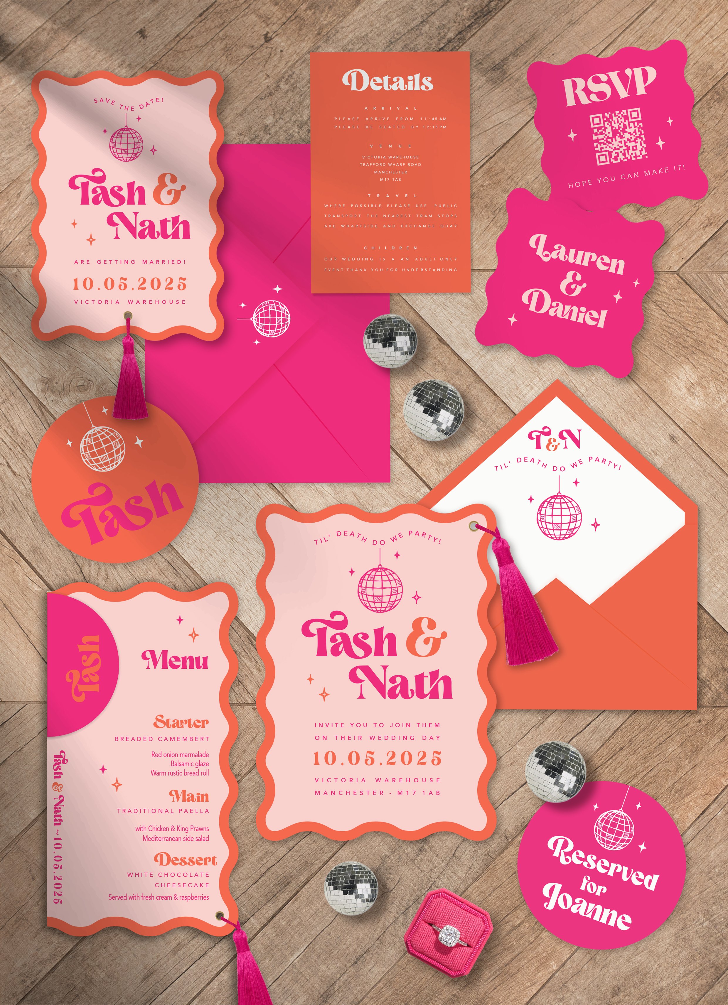 Wedding invitation suite featuring pink and orange color themes with scalloped-edged tags, RSVP and menu cards, and decorative disco balls.