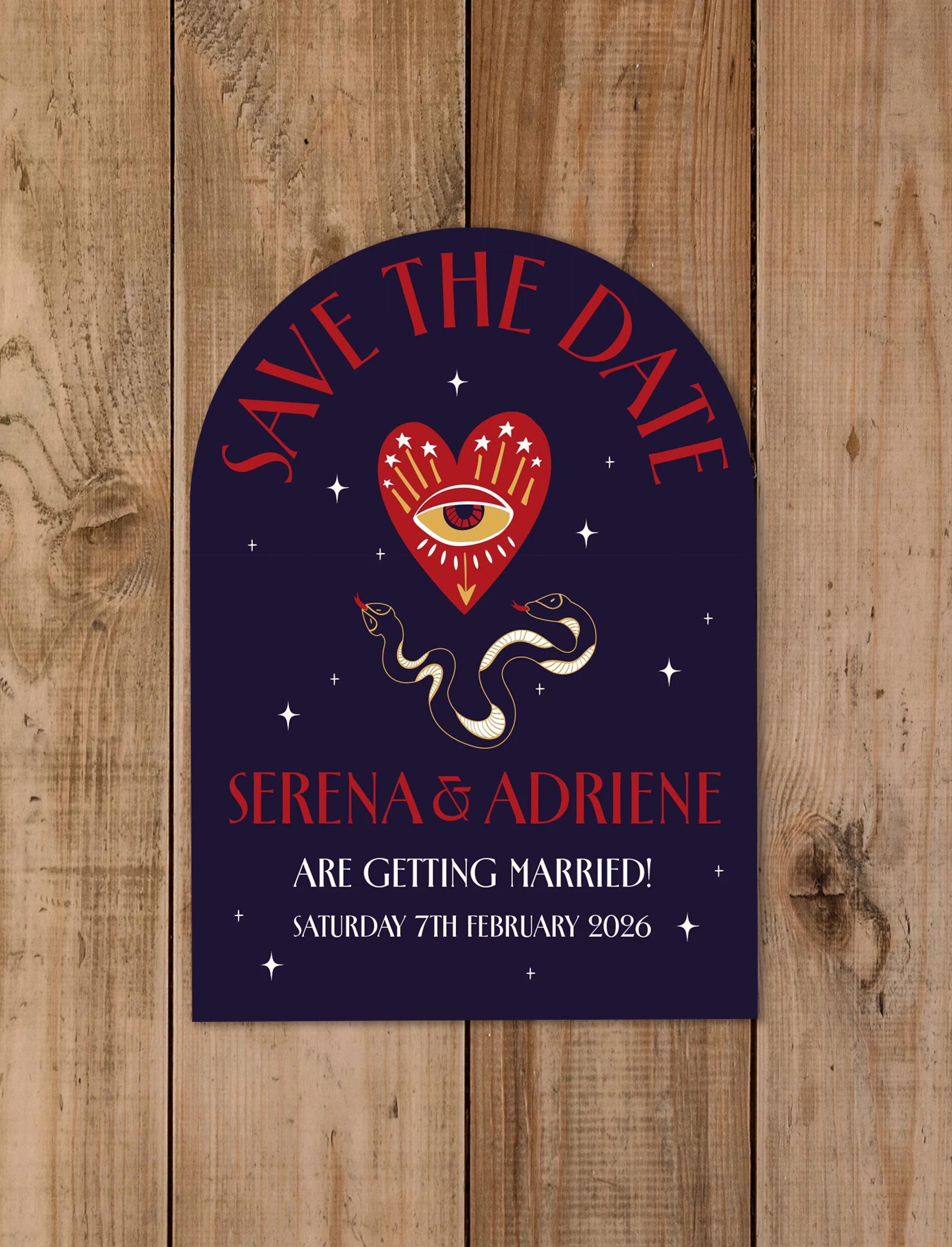 Wedding invitation with dark blue background, featuring a red heart with an eye and stars, snakes, and text announcing Serena and Adrien's marriage on February 7, 2026.