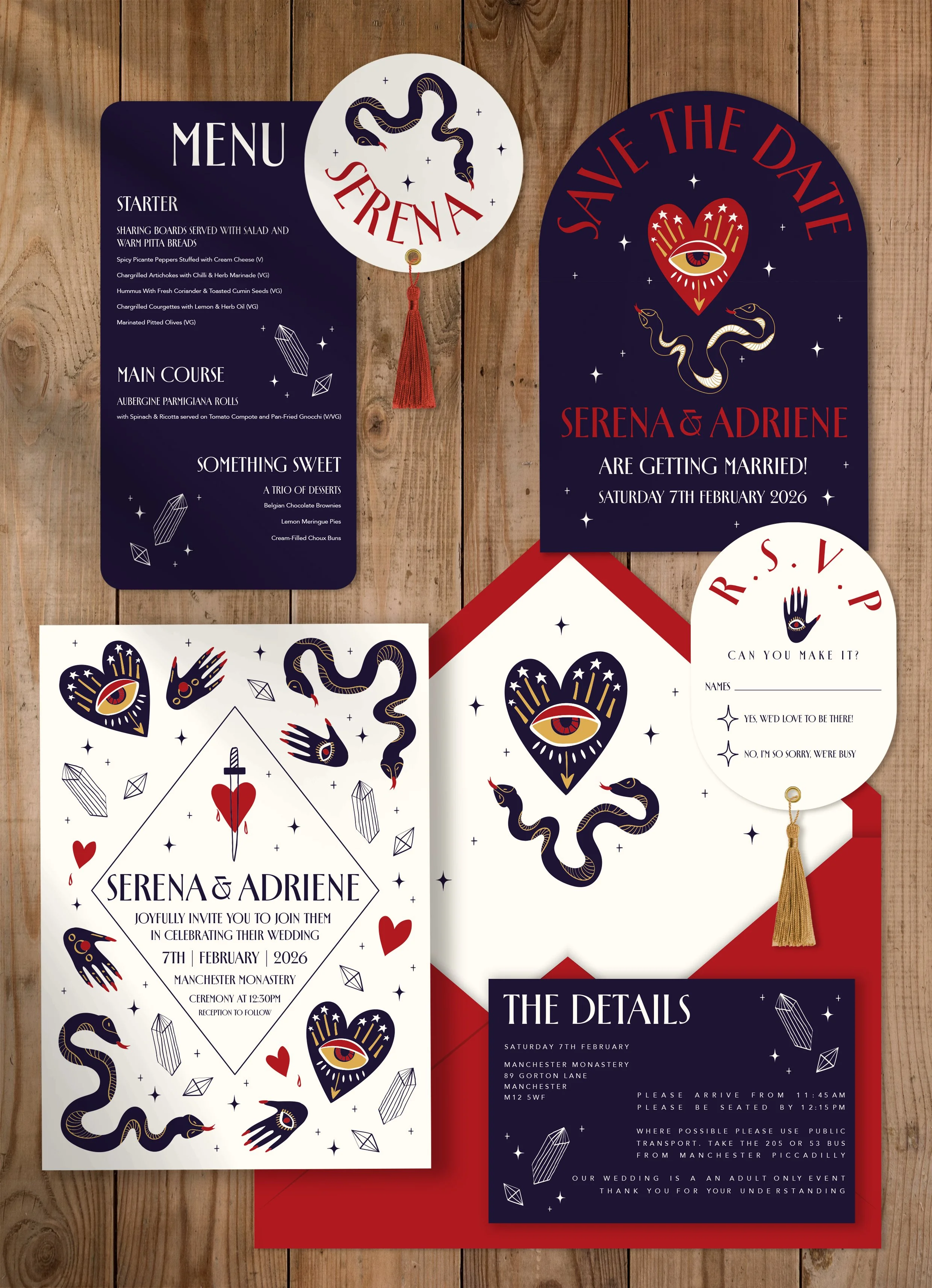 A wedding invitation suite with dark purple backgrounds and mystical design elements, including snakes, hearts with an eye, and diamonds. The suite features various cards with information about the wedding of Serena and Adriene, including a save-the-date card, RSVP card, wedding details, and menu, all decorated with stylized mystical symbols and illustrations.