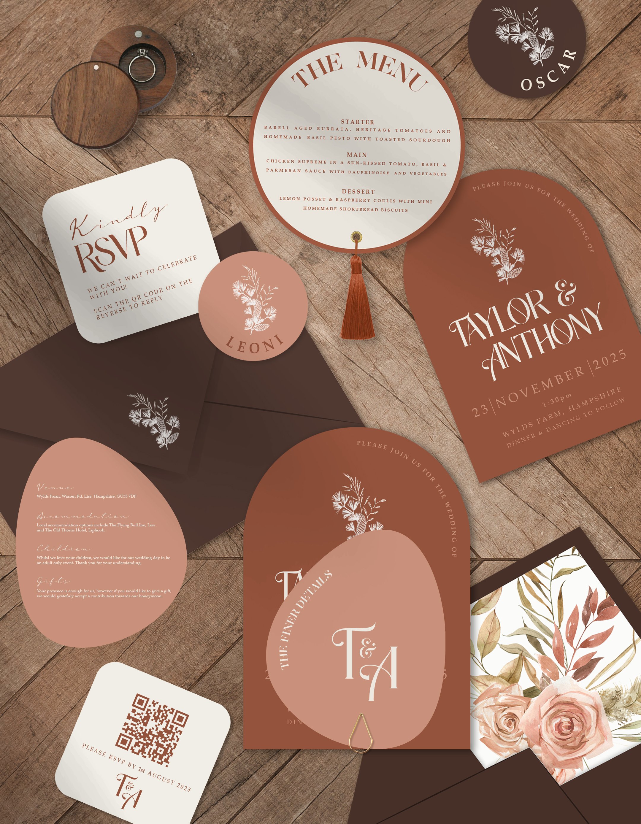 Wedding invitation suite with RSVP card, menu, and details for Taylor and Anthony's wedding, featuring a brown and blush color scheme, floral accents, and a QR code.