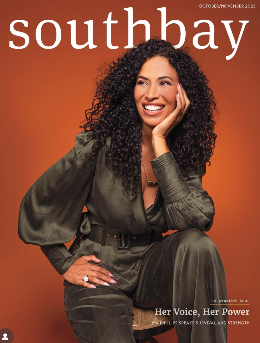 Cover of Southbay magazine, October/November 2025 issue, featuring a woman with curly hair wearing a satin dark green outfit, smiling and seated against an orange background. Text includes the magazine title, issue date, and headlines about her voice and power.