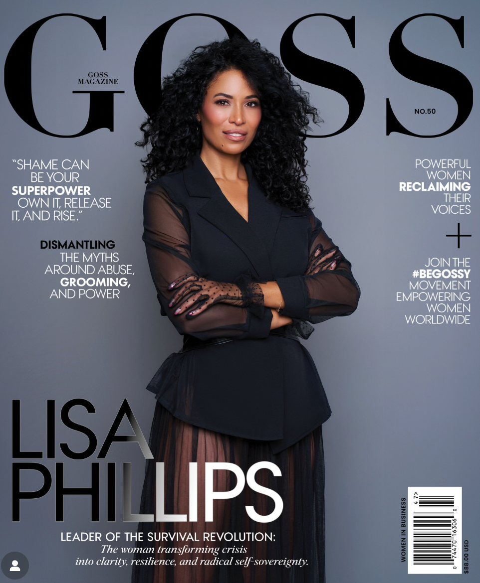 Glamorous magazine cover featuring Lisa Phillips, titled "Leader of the Survival Revolution" with quotes about women empowerment, with a woman with curly black hair wearing a black blazer with sheer sleeves.