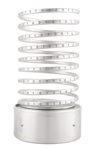 A white, spiral-shaped USB flash drive with binary code on the surface, mounted on a white base.