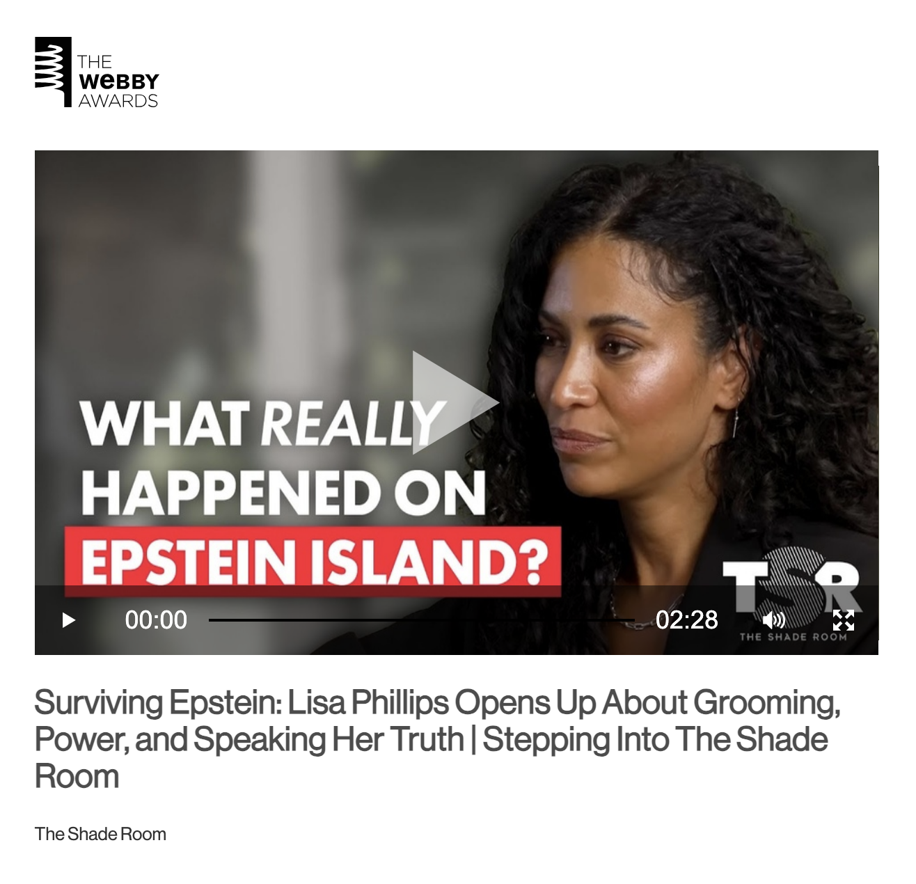 Thumbnail of a video featuring Lisa Phillips with the text 'What Really Happened on Epstein Island?' and the logo of The Shade Room