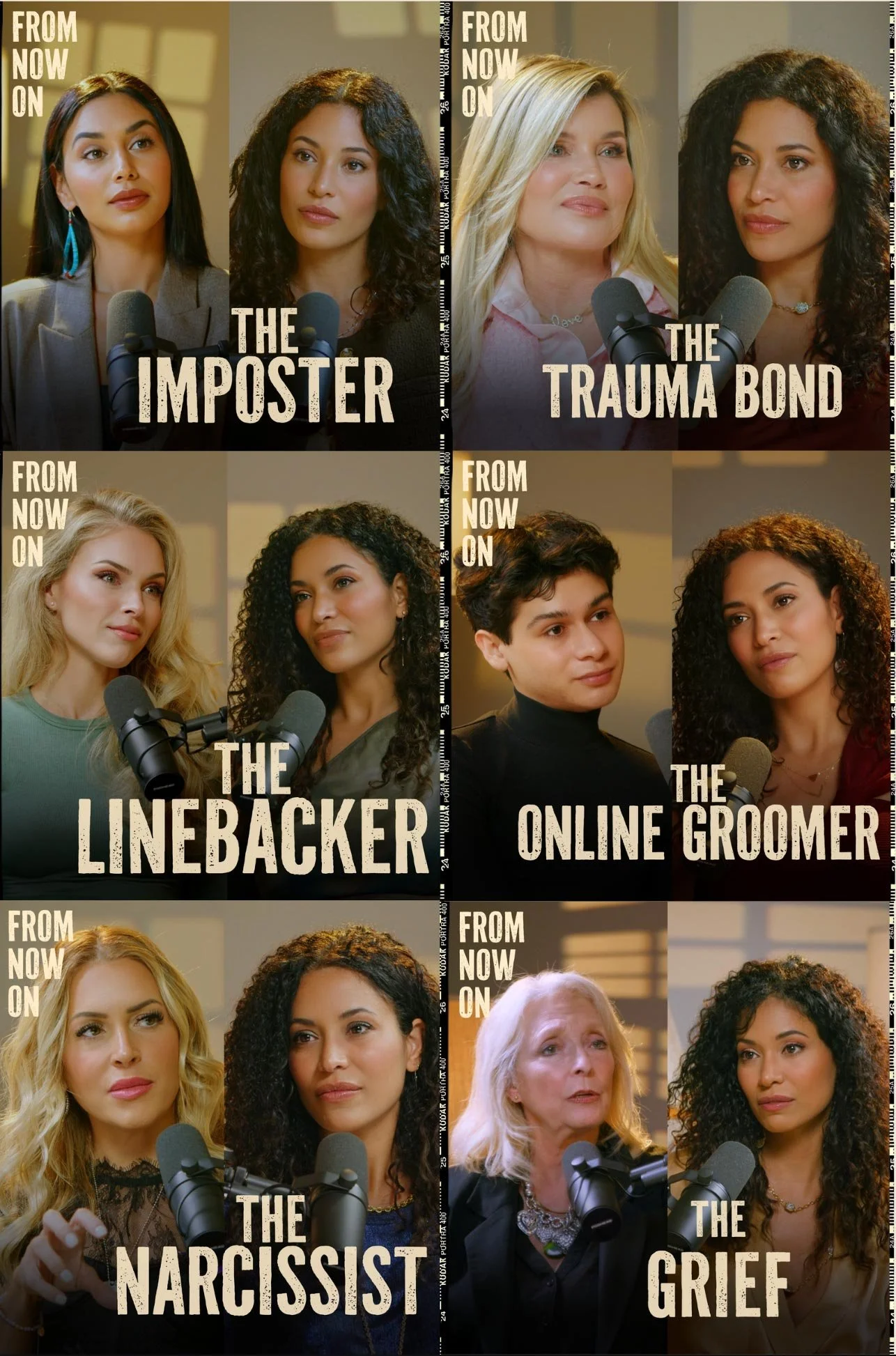 A collage of six women speaking into microphones with text labels for each image, depicting characters from a show or podcast series.