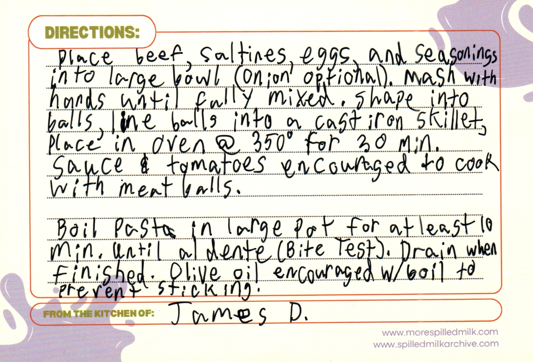 spaghetti with meatballs back James D.