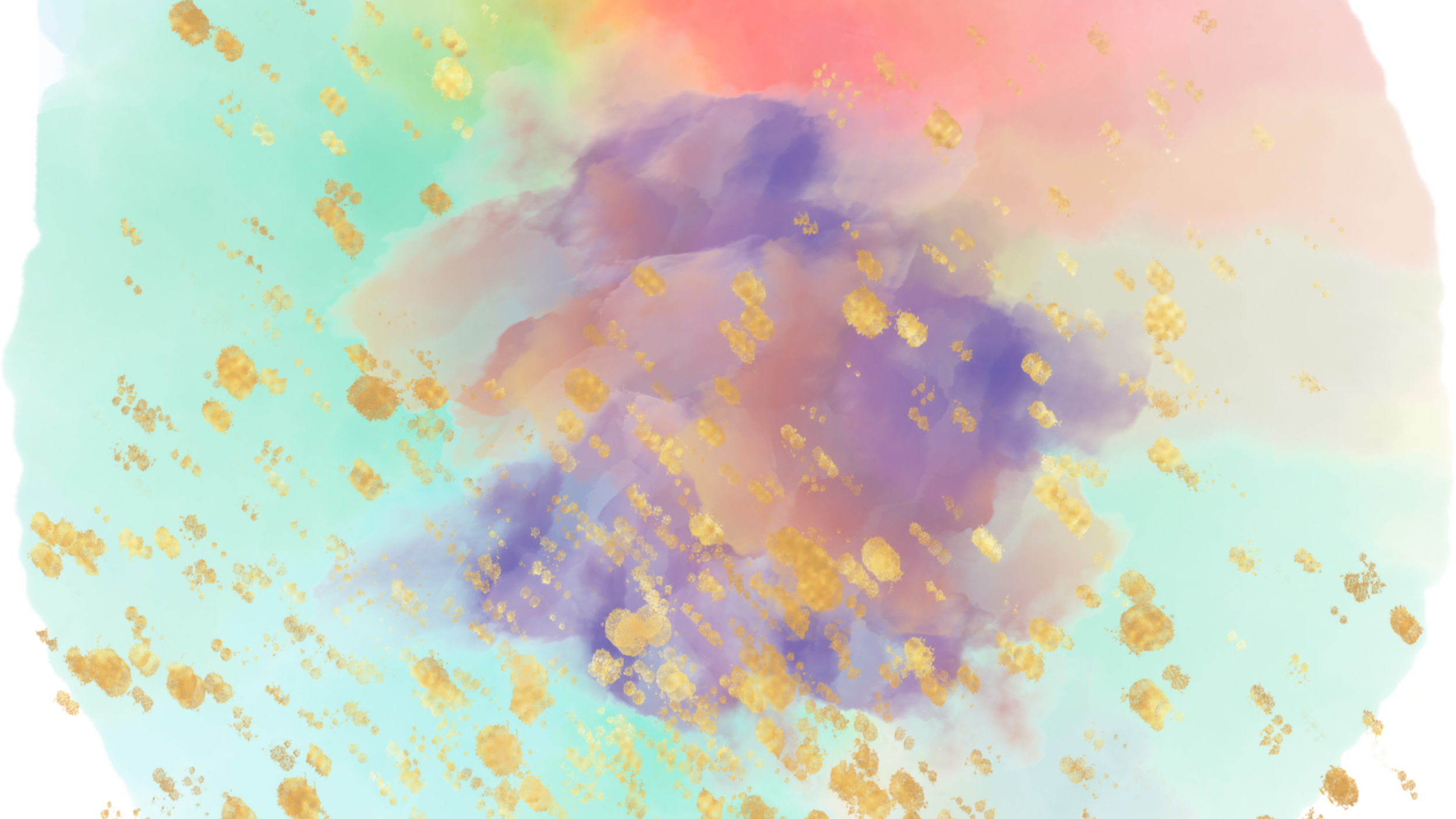 Abstract digital art with pastel-colored clouds in pink, purple, and green hues and gold splatter details.
