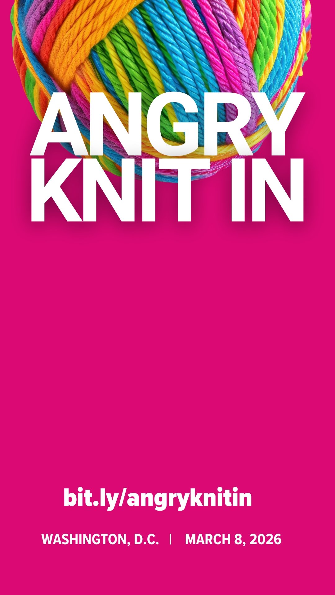 Rainbow colored ball of yarn with hot pink background and white text reading "Angry Knit In"