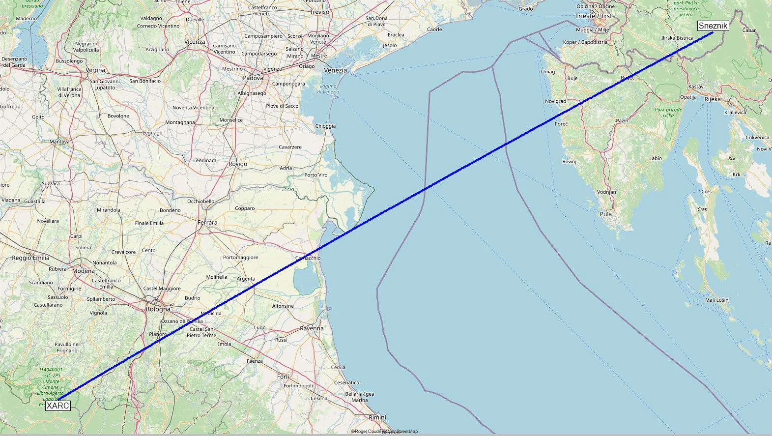 Southern part of Italy and western Balkan region map showing a flight path from XARC in Italy to Sneznik in Slovenia, crossing over the Adriatic Sea.