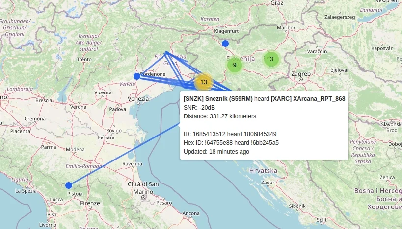 Map of northern Italy and neighboring countries showing radio signal coverage and connections with focus on Venice, Italy, and nearby locations.
