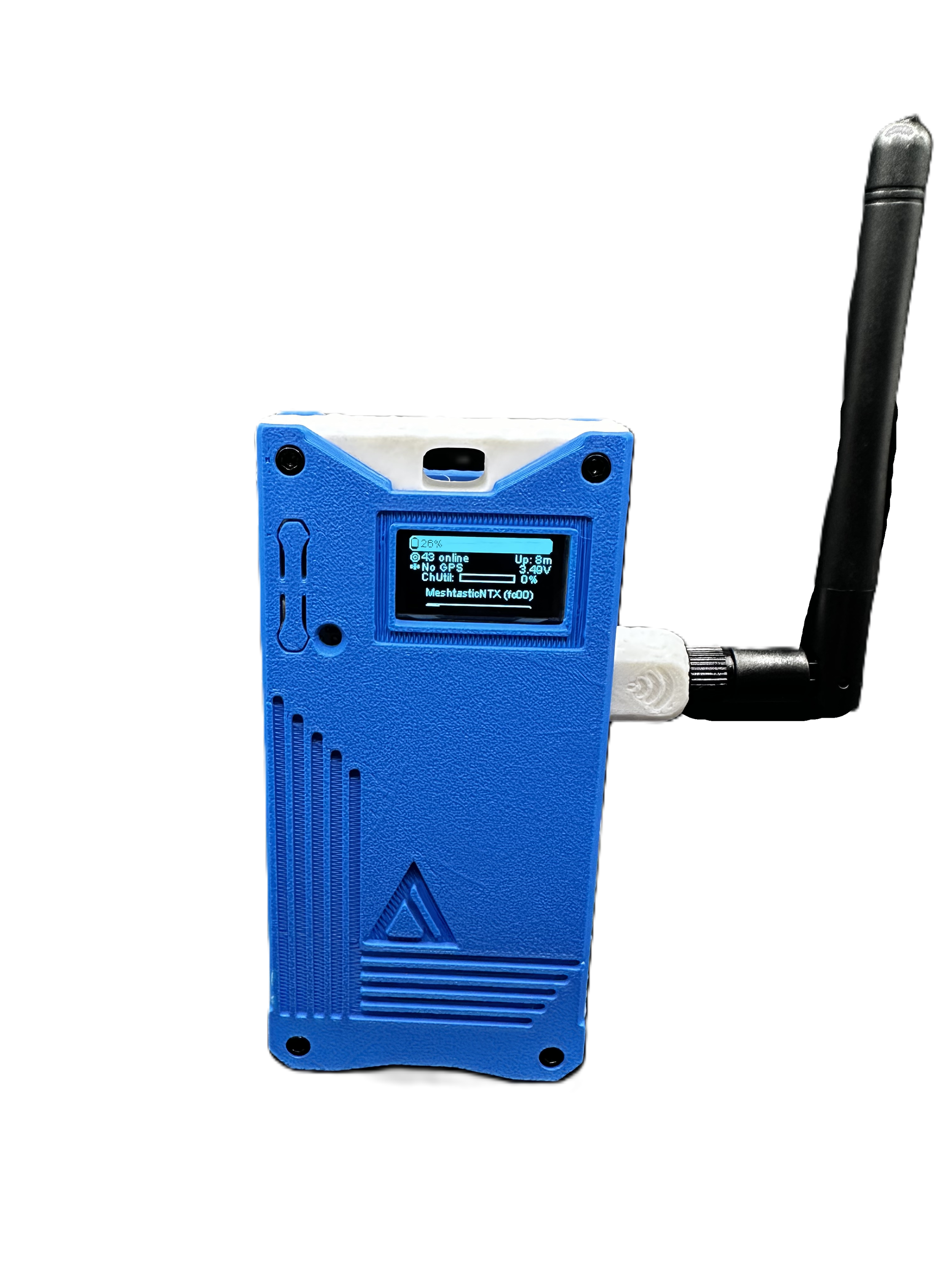 A blue portable device, designed and produced by Prism Design Works in Texas, called a LoRaBAR X, with a small screen displaying information, positioned in front of a black background, with antenna and port connections visible.
