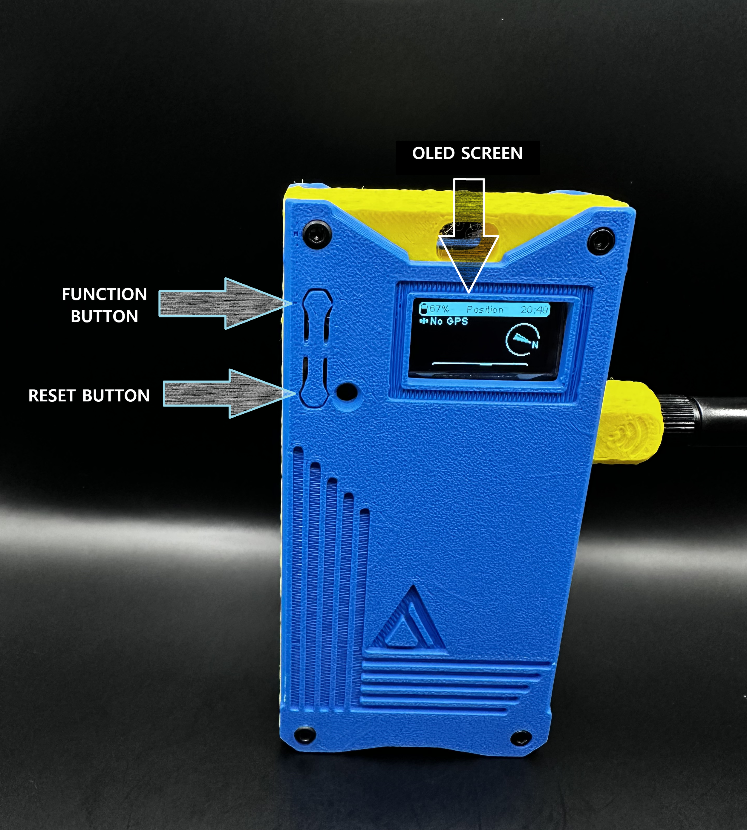 A blue electronic device with a small screen displaying battery level and GPS status, labeled with an OLED screen at the top, function button and reset button on the left side, and a yellow component on the right side.