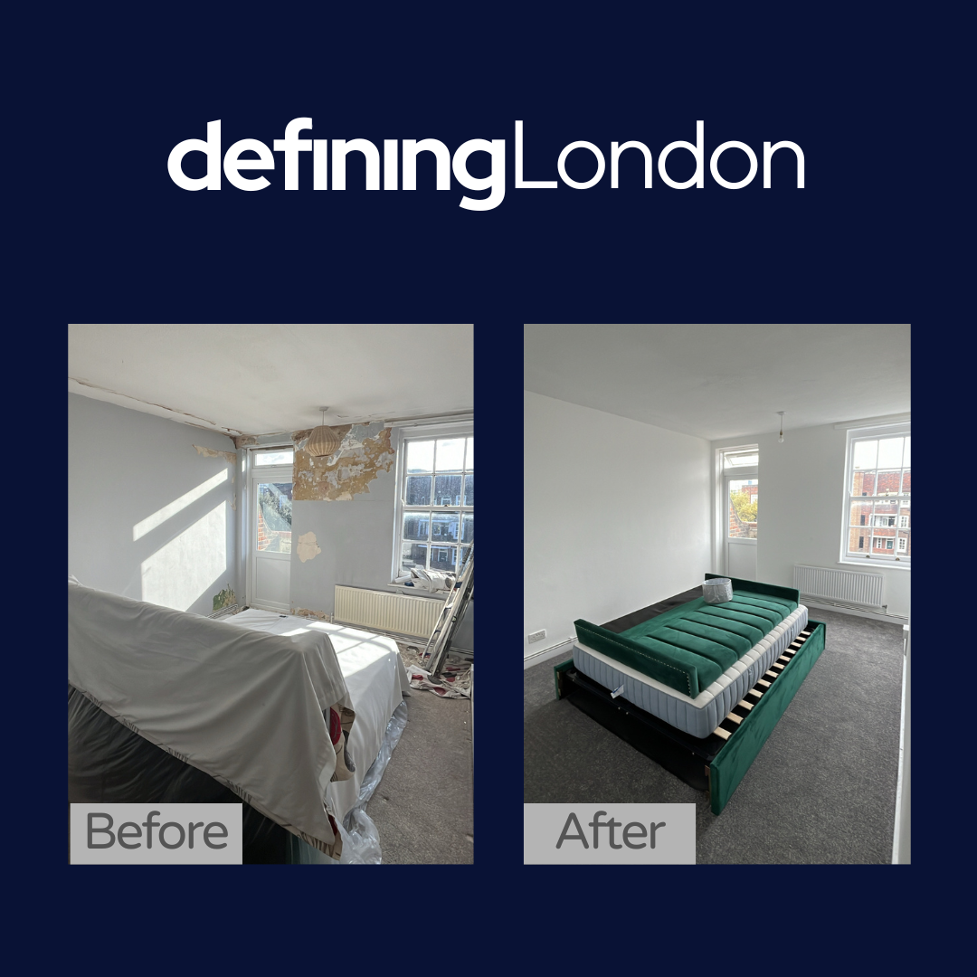Comparison of a room before and after renovation; the before image shows a wall with peeling paint and clutter, while the after image shows a clean, white wall with a green upholstered bed frame and mattress.