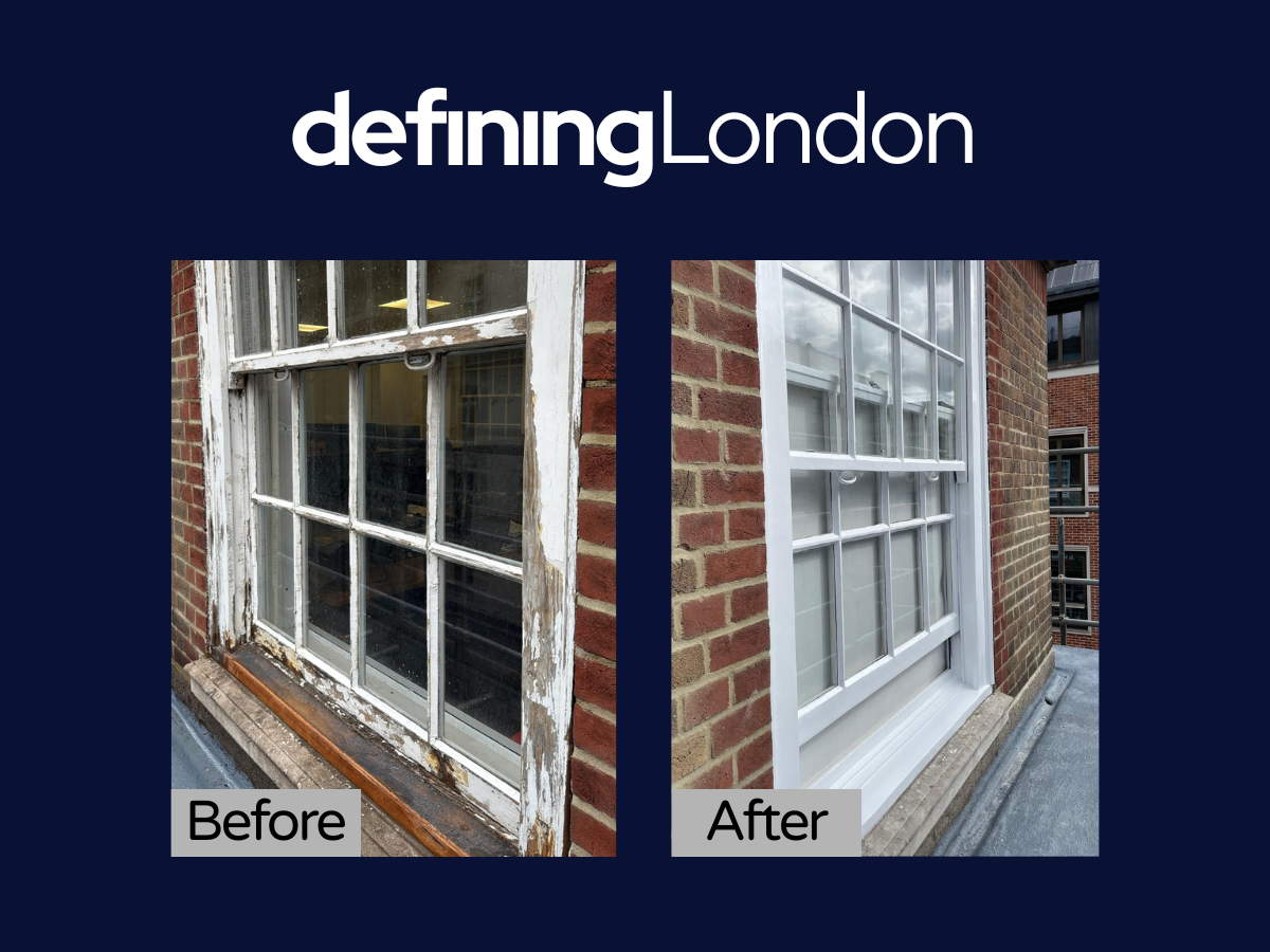Comparison of a hallway before and after renovation; the before image shows peeling paint on walls and an unfinished ceiling, while the after image shows clean, painted white walls with dark flooring.