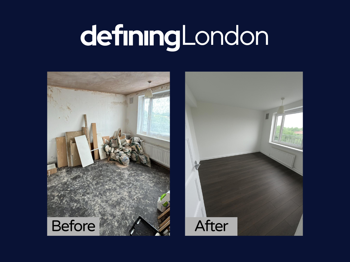 Comparison of a room before and after renovation; the before image shows a wall with peeling paint and clutter, while the after image shows a clean, white wall with a green upholstered bed frame and mattress.