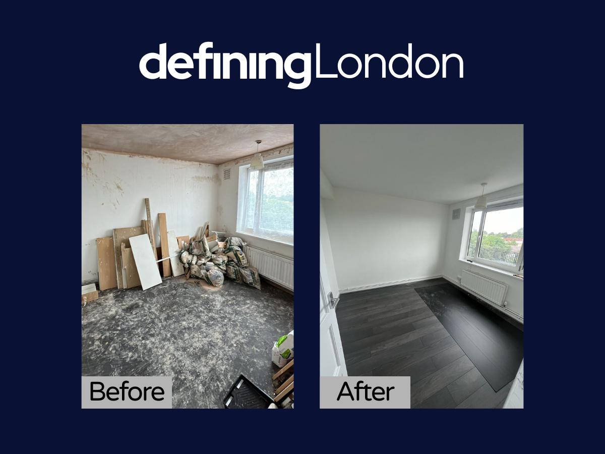 Side-by-side comparison of a room before and after renovation. The "before" image shows a cluttered room with construction materials, peeling walls, and a stained carpet. The "after" image shows a clean, painted room with dark wood flooring, white walls, and a window with a view.