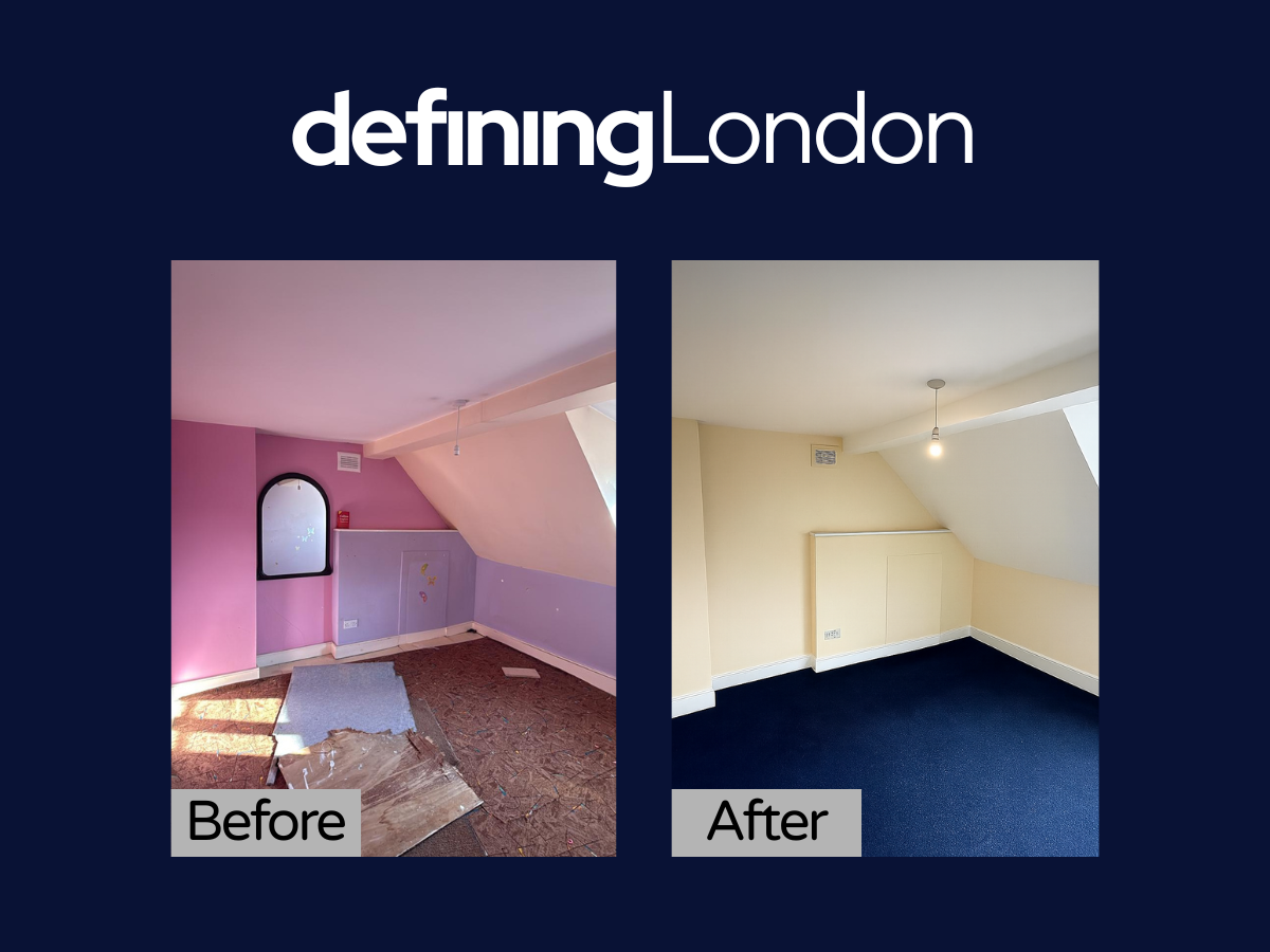 Comparison of a room before and after renovation, with the before showing pink walls and a partially stripped floor, and the after showing newly painted yellow walls and dark blue carpet.