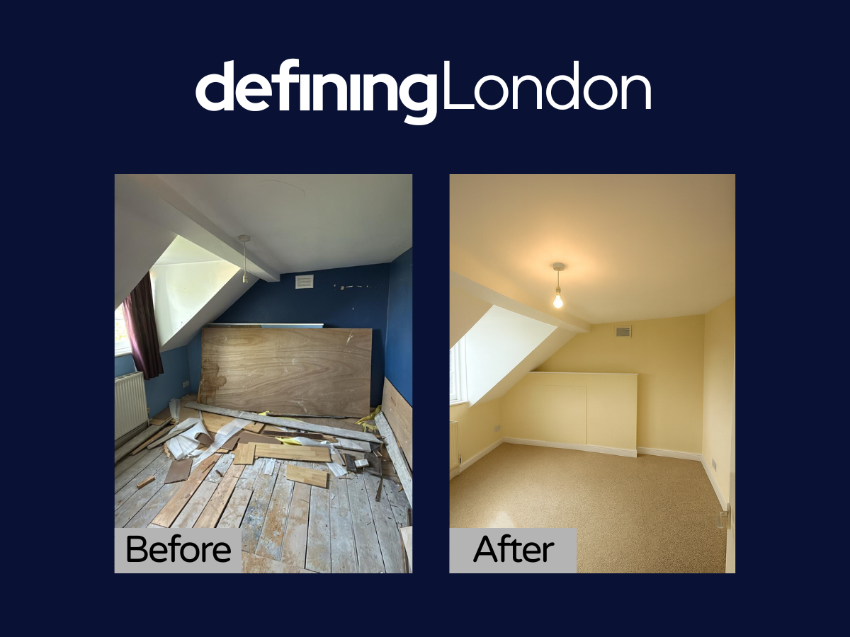 Side-by-side comparison of a room before and after renovation. The "Before" image shows a messy room with torn-up flooring, blue walls, and construction debris. The "After" image shows a clean, finished room with beige walls, carpeted floor, and a ceiling light.