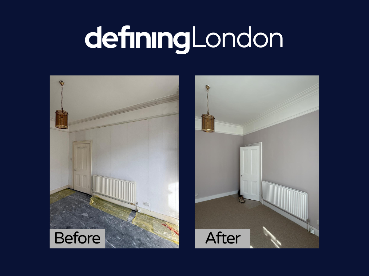 Comparison of a room before and after renovation. The "Before" side shows an unfinished room with a plain white wall, a wooden door, a radiator, and a damaged floor. The "After" side shows the same room with a fresh coat of gray paint on the walls, a cleaned and new carpeted floor, and the existing features updated and tidy.