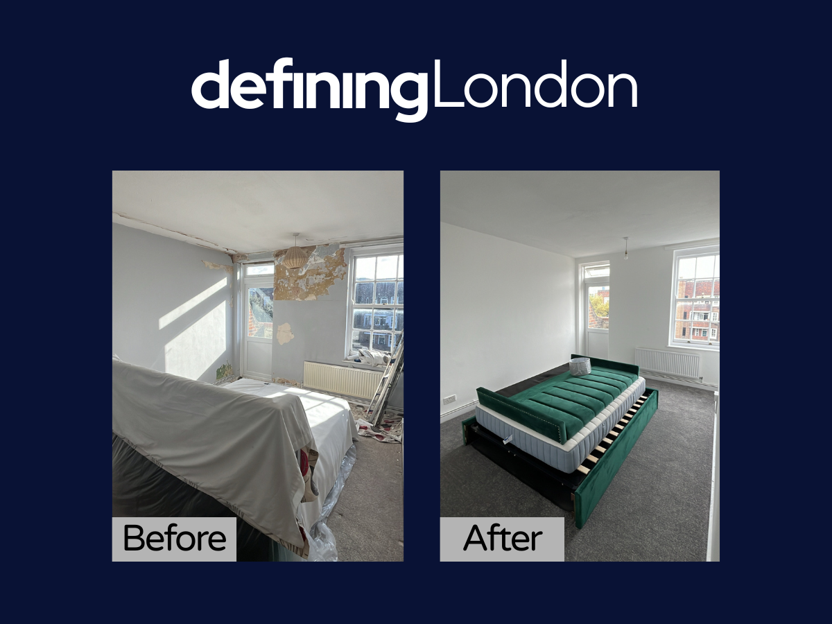 Comparison image of a room before and after renovation: the left shows a room with peeling paint and an unmade bed, the right shows the same room with freshly painted white walls and a neatly made bed with a green headboard and mattress.
