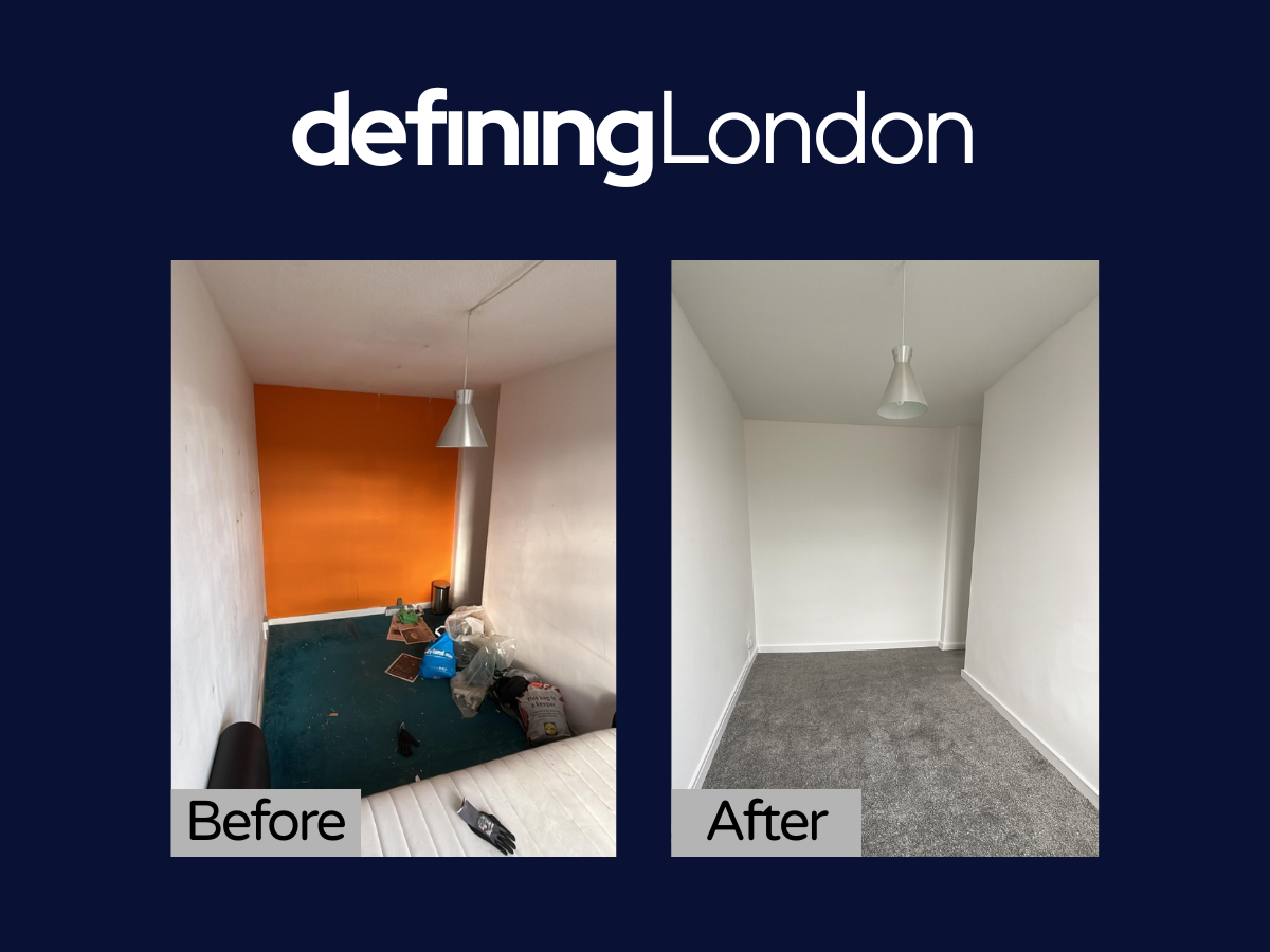 Room before and after renovation; left side shows cluttered room with orange accent wall, ceiling lamp, carpet, and cleaning supplies; right side shows cleaned and painted room with white walls, new carpet, and same ceiling lamp.