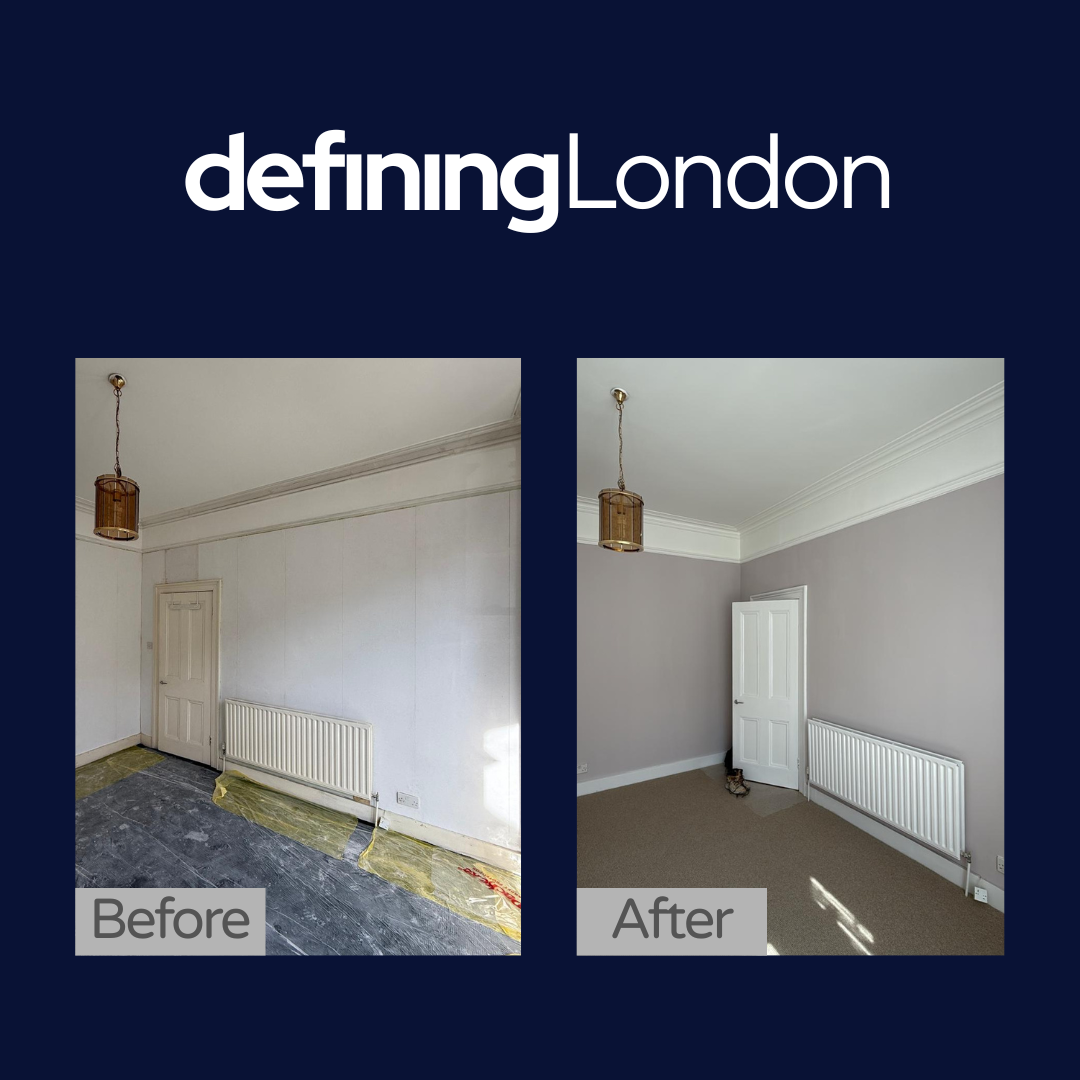 Side-by-side comparison of a room before and after renovation, showing walls repainted in light gray, new carpeting laid, and overall refreshed appearance.