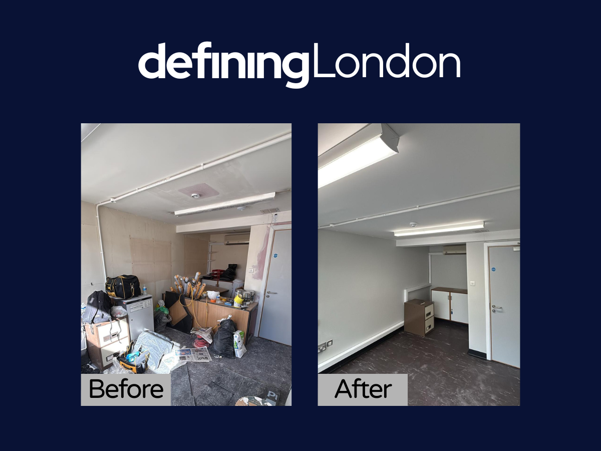 Side-by-side comparison showing cluttered, messy room before renovation and a clean, organized room after renovation, with the text 'defining London' at the top and 'Before' and 'After' labels on each photo.