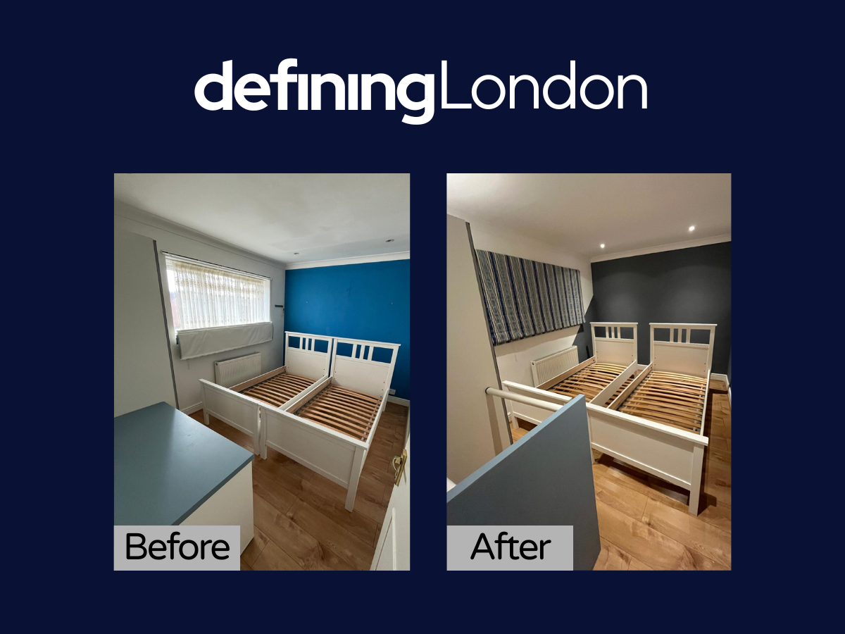 Side-by-side comparison of a bedroom before and after a renovation. In the before image, the room has light-colored walls, a large window with curtains, and two bed frames without mattresses. In the after image, the room features dark gray walls, a striped window shade, and two bed frames without mattresses.
