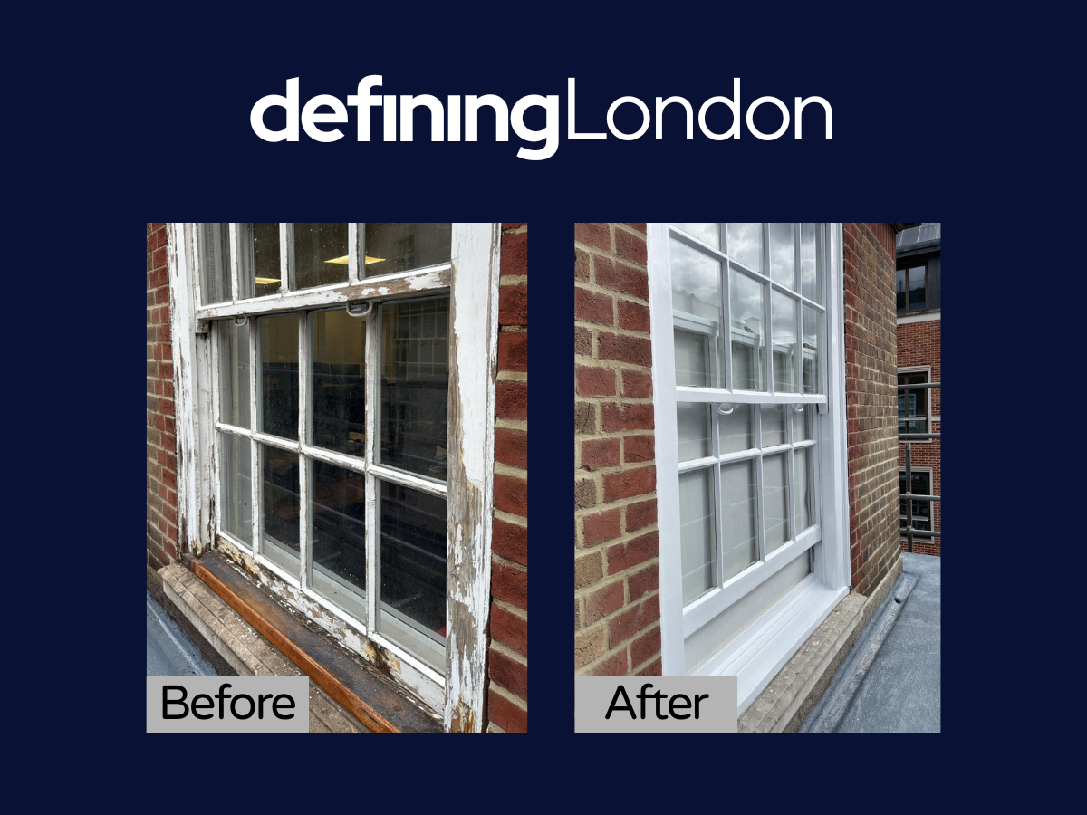 Comparison of a window before and after restoration: the "Before" shows a weathered, peeling white-painted window frame, while the "After" shows a newly painted white window frame with clean brick wall surrounding it.