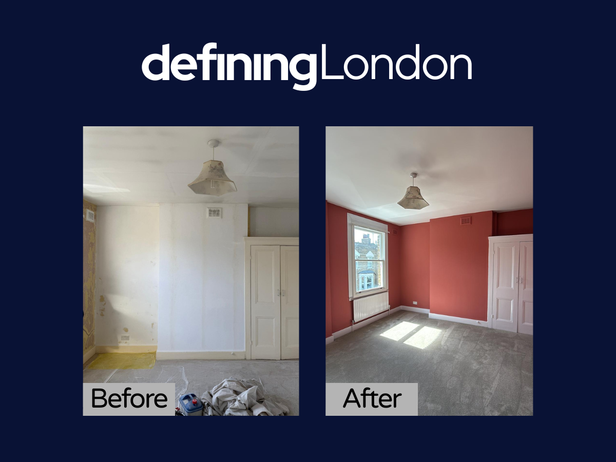 Side-by-side comparison of a room before and after renovation. The 'Before' shows a plain white wall with some peeling paint, a cardboard box and some cloth on the floor. The 'After' shows a freshly painted reddish wall, a window with natural light, a white wardrobe, and a clean carpeted floor.