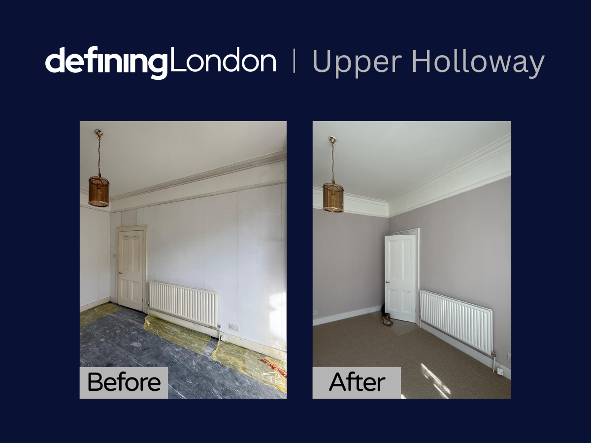 Comparison of a room before and after renovation; the before image shows a wall with peeling paint and clutter, while the after image shows a clean, white wall with a green upholstered bed frame and mattress.