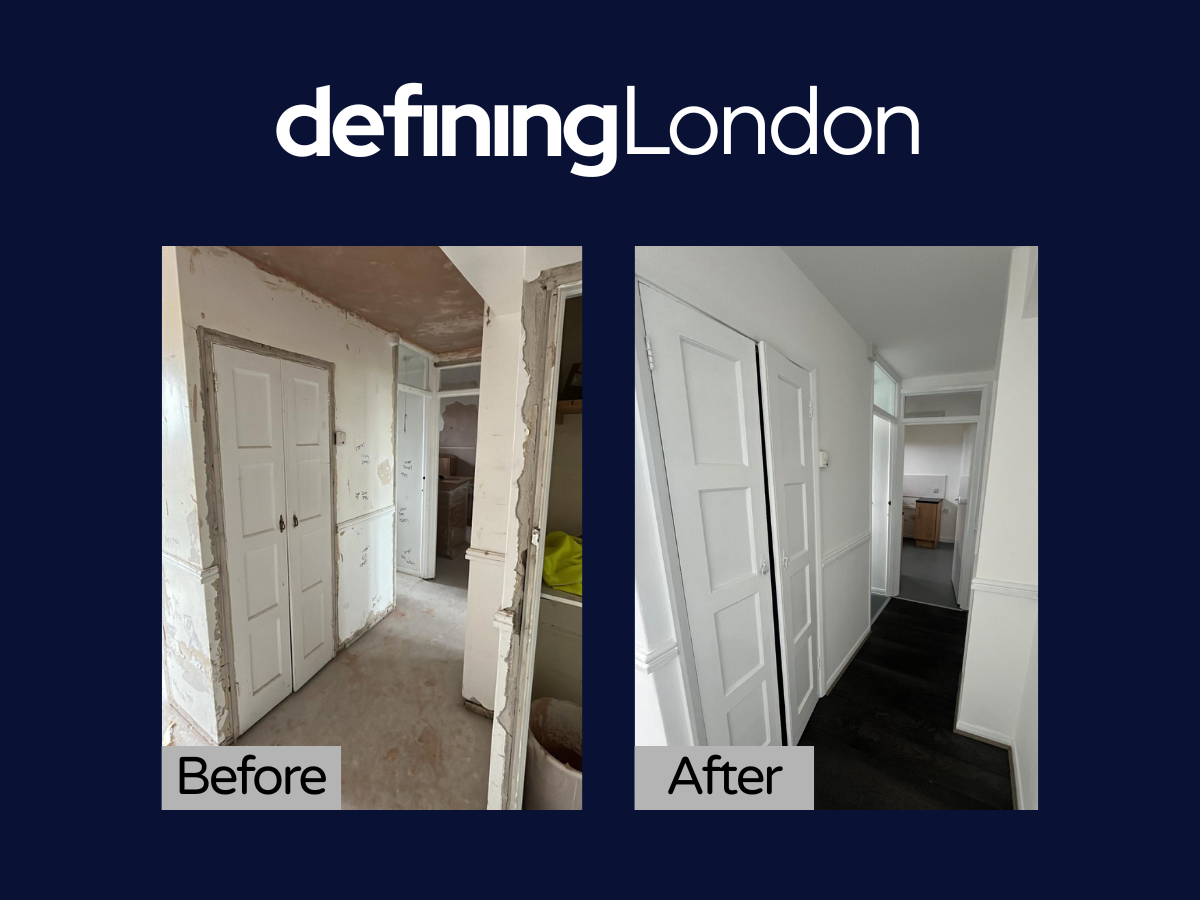 Comparison of a hallway before and after renovation; the before image shows unfinished walls and construction debris, the after image shows freshly painted white walls and dark flooring.