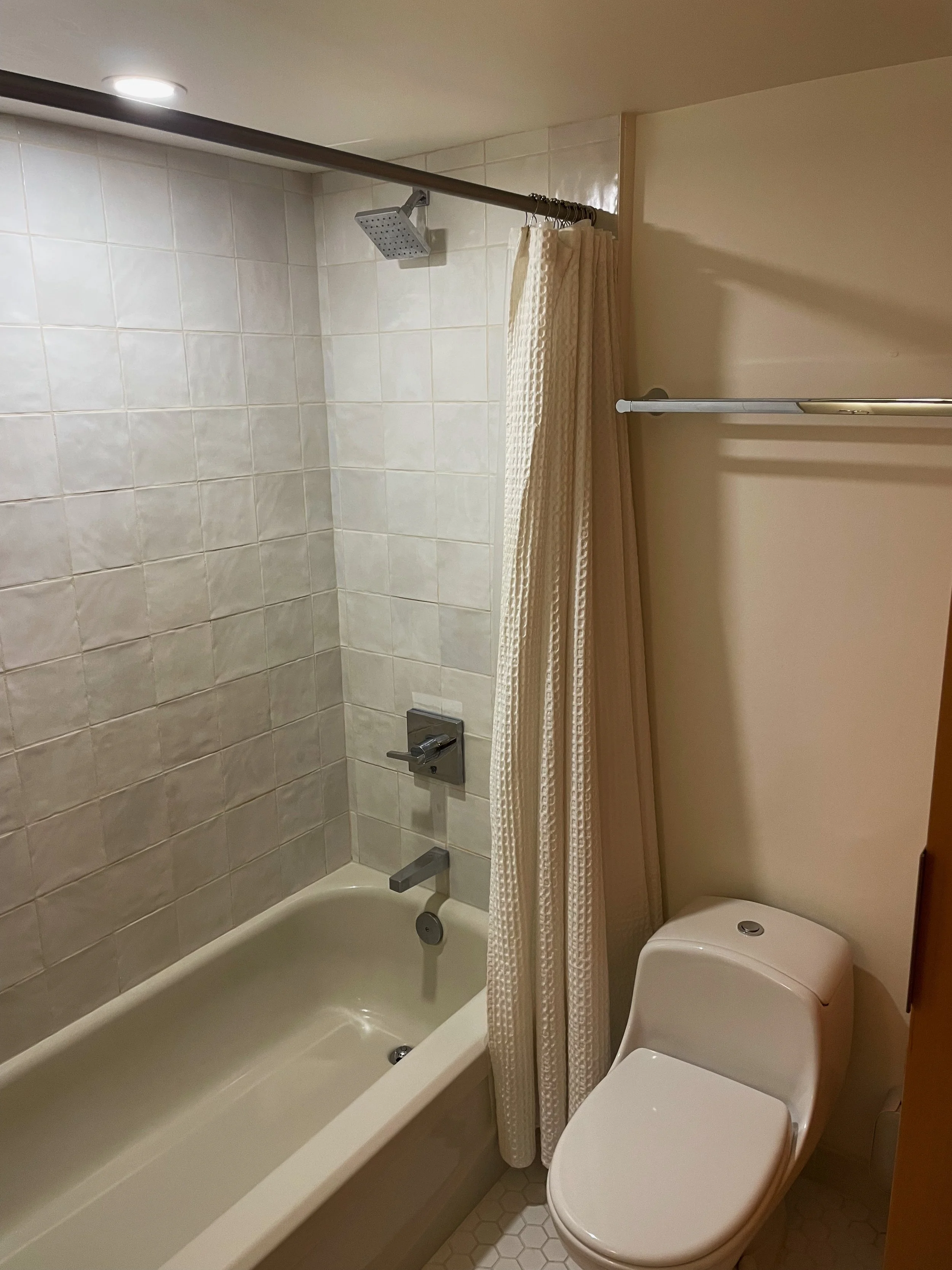 Bathroom with bathtub, showerhead, curtain, and toilet.