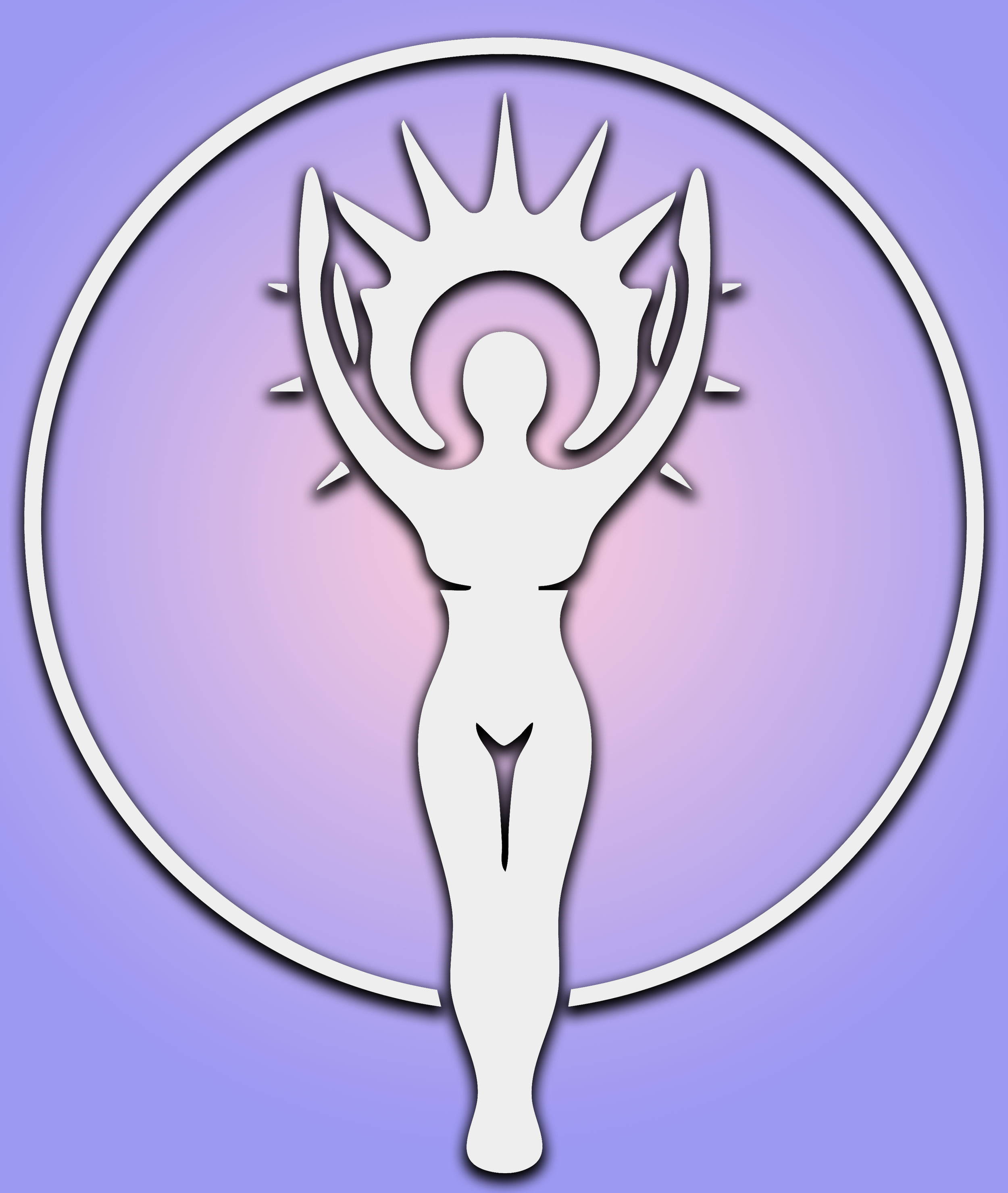 Stylized graphic of a human figure with arms raised, surrounded by a circular outline, with a radiant aura behind, in shades of purple, pink, and white.
