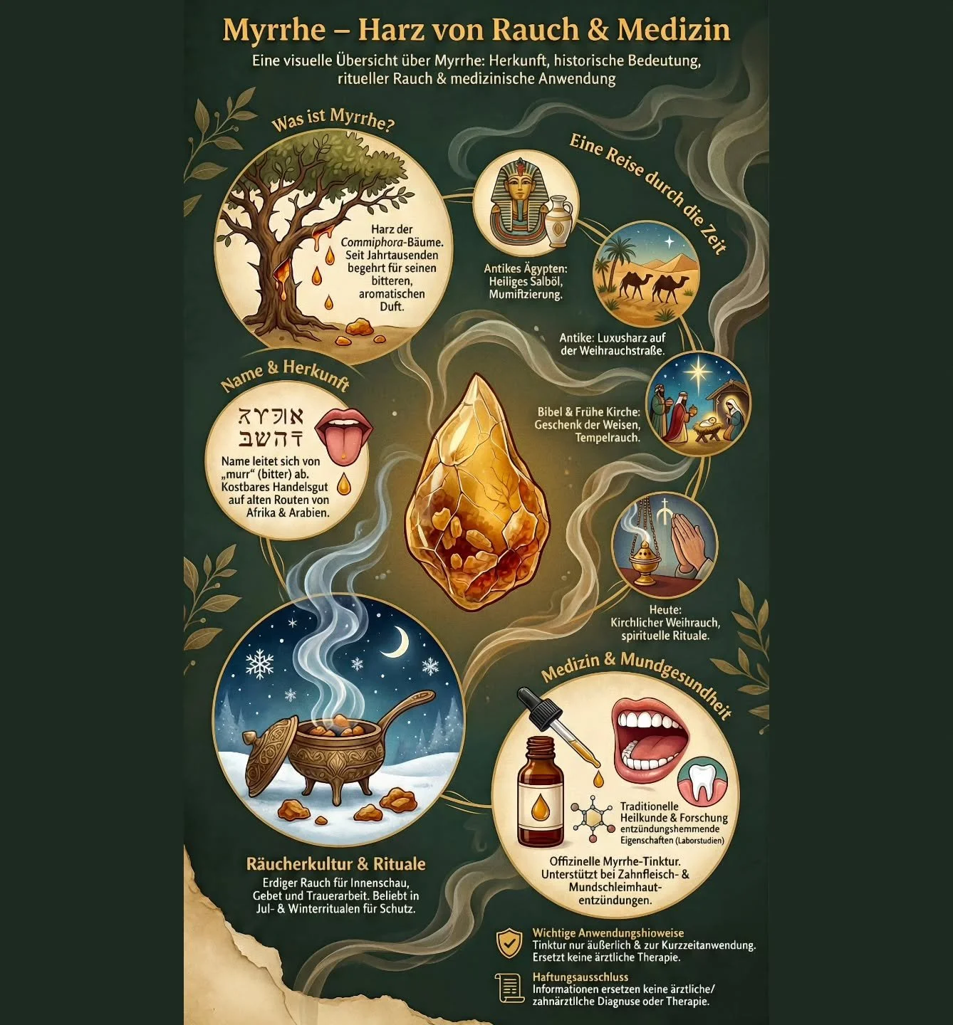 Myrrhe &ndash; Harz zwischen Rauch und Medizin ✨
Seit Jahrtausenden begleitet sie Rituale, Heilkunst und Winterbr&auml;uche: als R&auml;ucherharz f&uuml;r Tiefe, Schutz und Innenschau, als Arzneidroge in Tinkturen f&uuml;r Mundraum und Schleimh&auml;