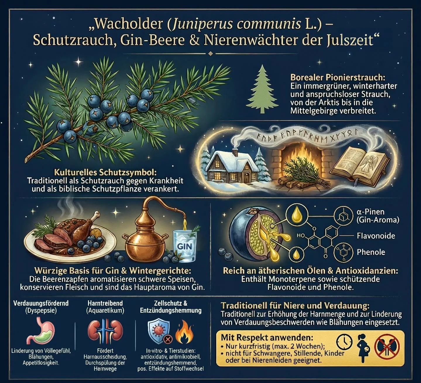 Wacholder (Juniperus communis) geh&ouml;rt zu den stillen &bdquo;W&auml;chtern&ldquo; der Kulturgeschichte. Schon sein Name verr&auml;t einiges: Als &bdquo;Wach-Holter&ldquo; galt er vielerorts als Baum, der &uuml;ber Haus und Hof wacht. In alten Sie