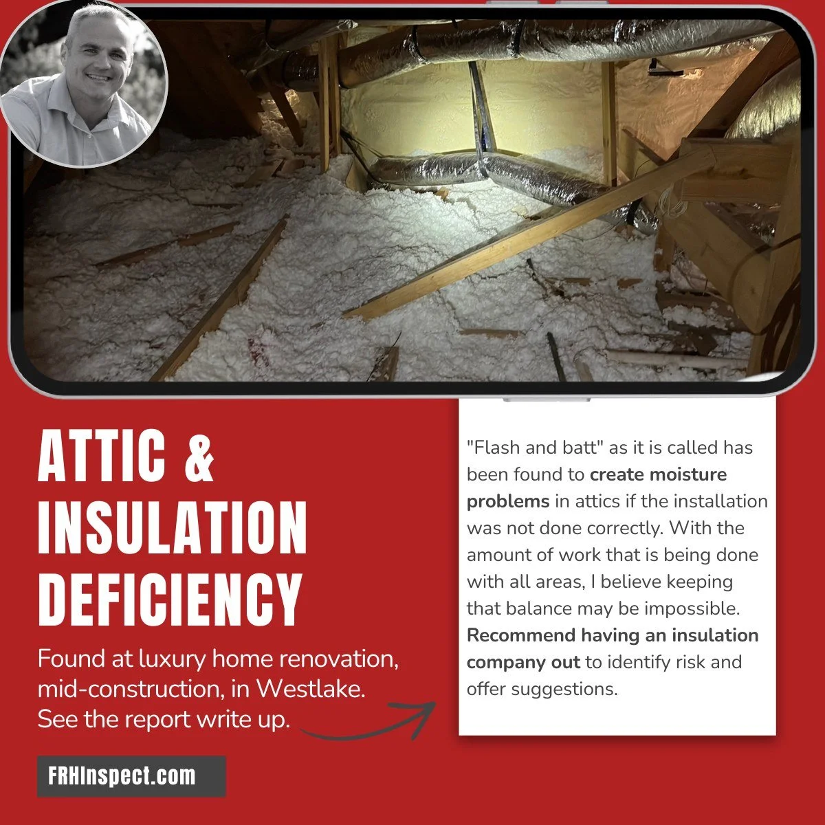 Insulation problems are just asking for an outrageous electric bill 📈 when the summer heat hits. ☀️ Here's one Ross found recently out in Westlake. Thankfully it can be fixed before the owner moves into his gorgeous new home! 🏰 #luxuryrealestate #H