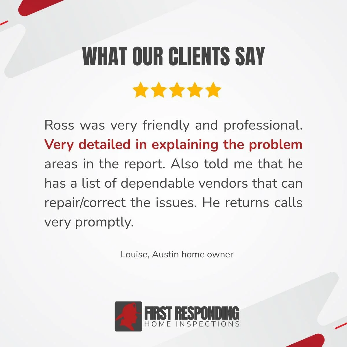 Louise is about to kick off an exciting renovation of her north Austin home. But before she gets to the fun, she wanted to make sure everything was safe and sturdy. She'll be off to the renovation races soon! 

Whether you are buying a new place or g