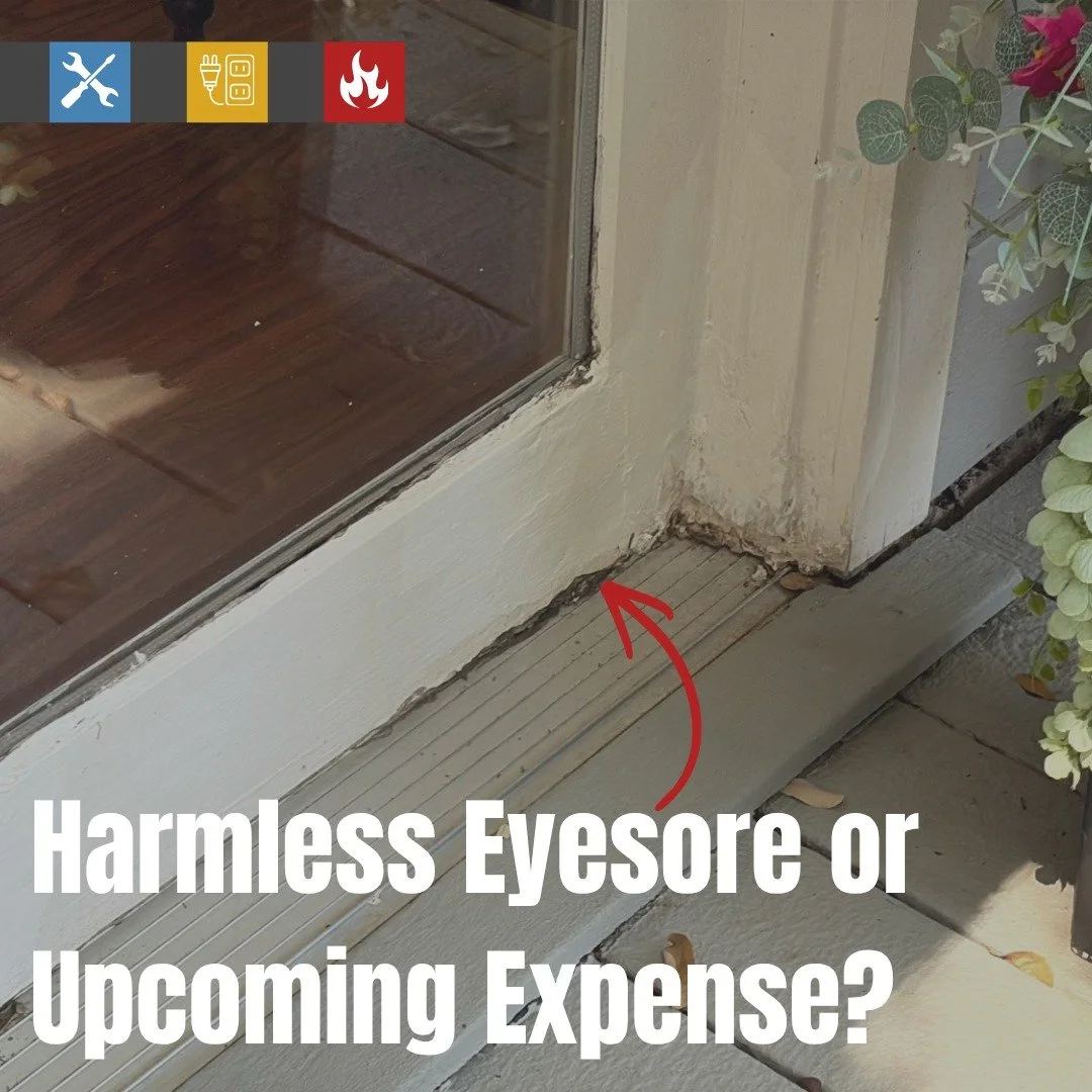 Is wood rot at the bottom of a back patio door a harmless eyesore or an upcoming expense?

The answer is PLAN FOR IT.

A little door rot isn't a structural reason to walk away from a great house. Ross found this classic example while inspecting a 197