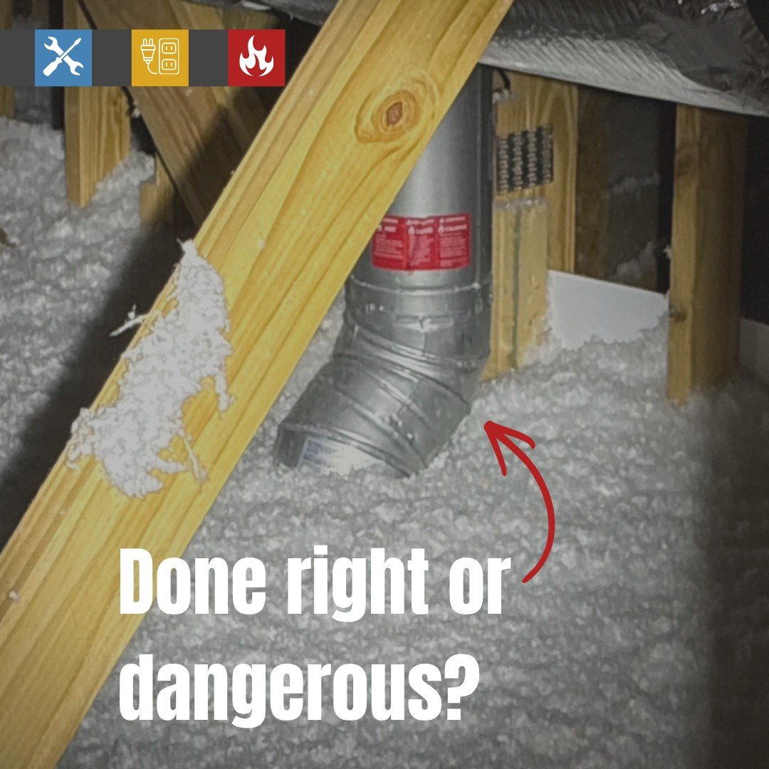 This Liberty Hill home is BRAND NEW, construction just completed and yet, danger is lurking right above. This insulation is up against the hot exhaust pipe in the attic. This is a risk for scorched insulation and even a house fire. This is what we ca