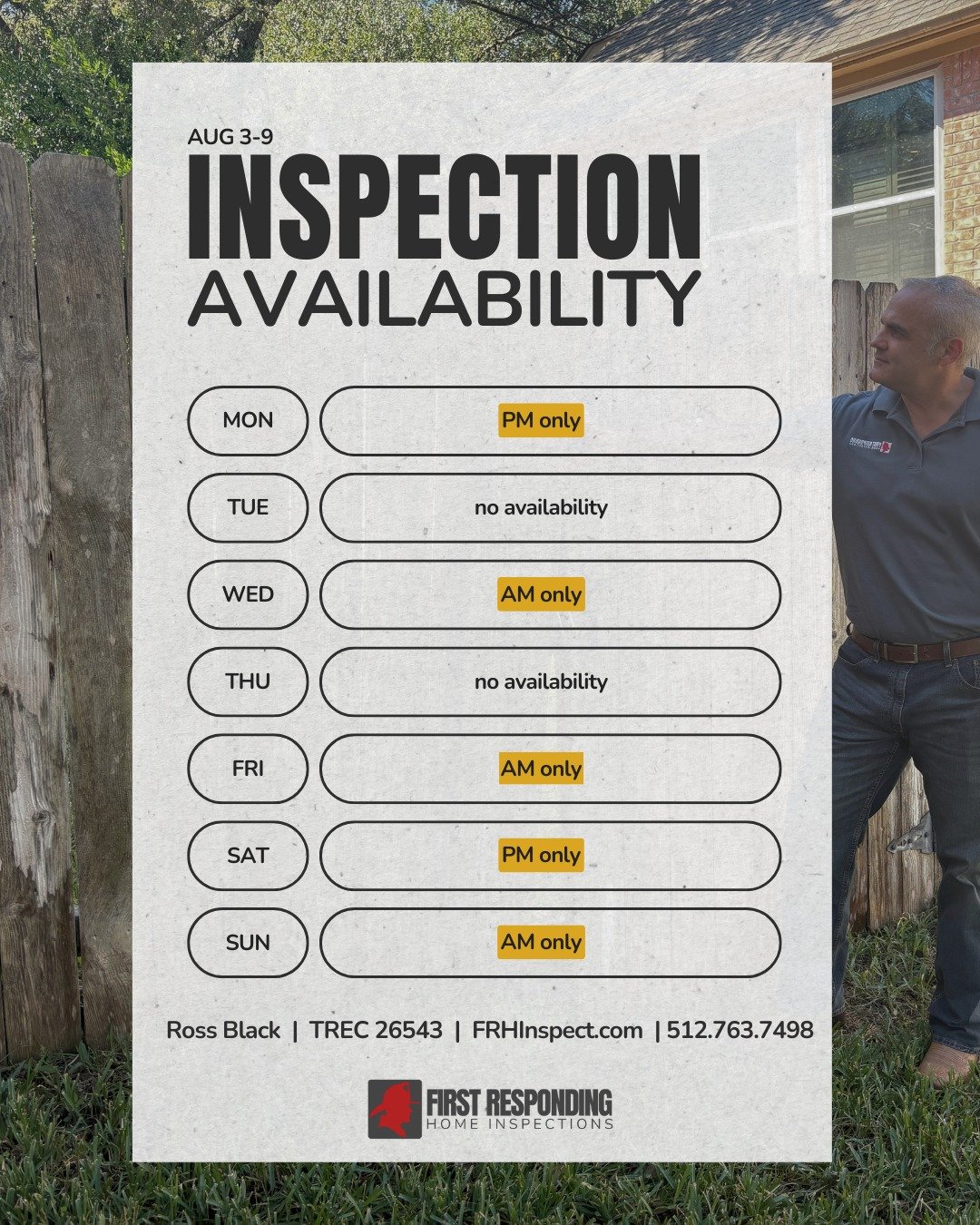 Normally we don't post availability until Sunday afternoon but the early part of next week is already stacking up. Williamson County &amp; Pflugerville are especially busy areas! If you need an inspection before Thursday, get it booked ASAP! 🗓 You c