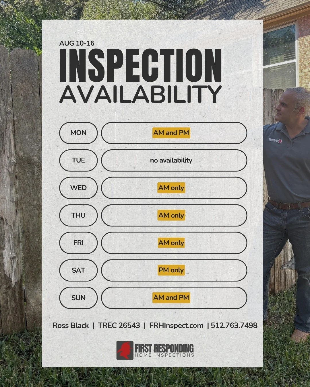 Last week was jam-packed but next week has morning availability. Call today to schedule an inspection! 512.763.7498

#realtors #austinrealestate #atxrealestate #homeinspection #smallbusiness #roundrocktx #austin #georgetowntx
