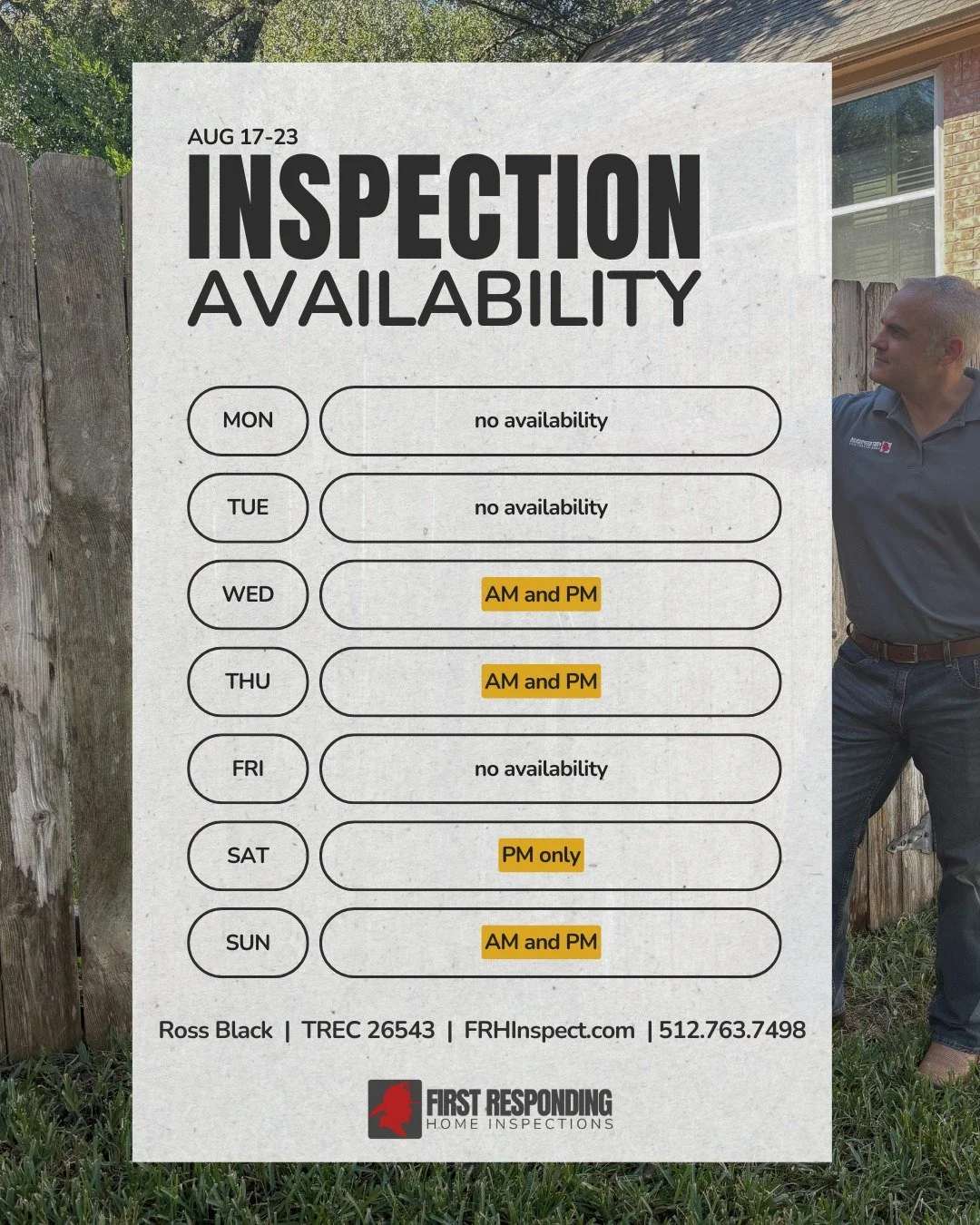 A bit late on the availability for this week but we're happy to report it's been busy! Some openings Wednesday and later. Snag them up now! #HomeInspector #austinrealestate #roundrock #pflugerville #austintx #smallbusiness