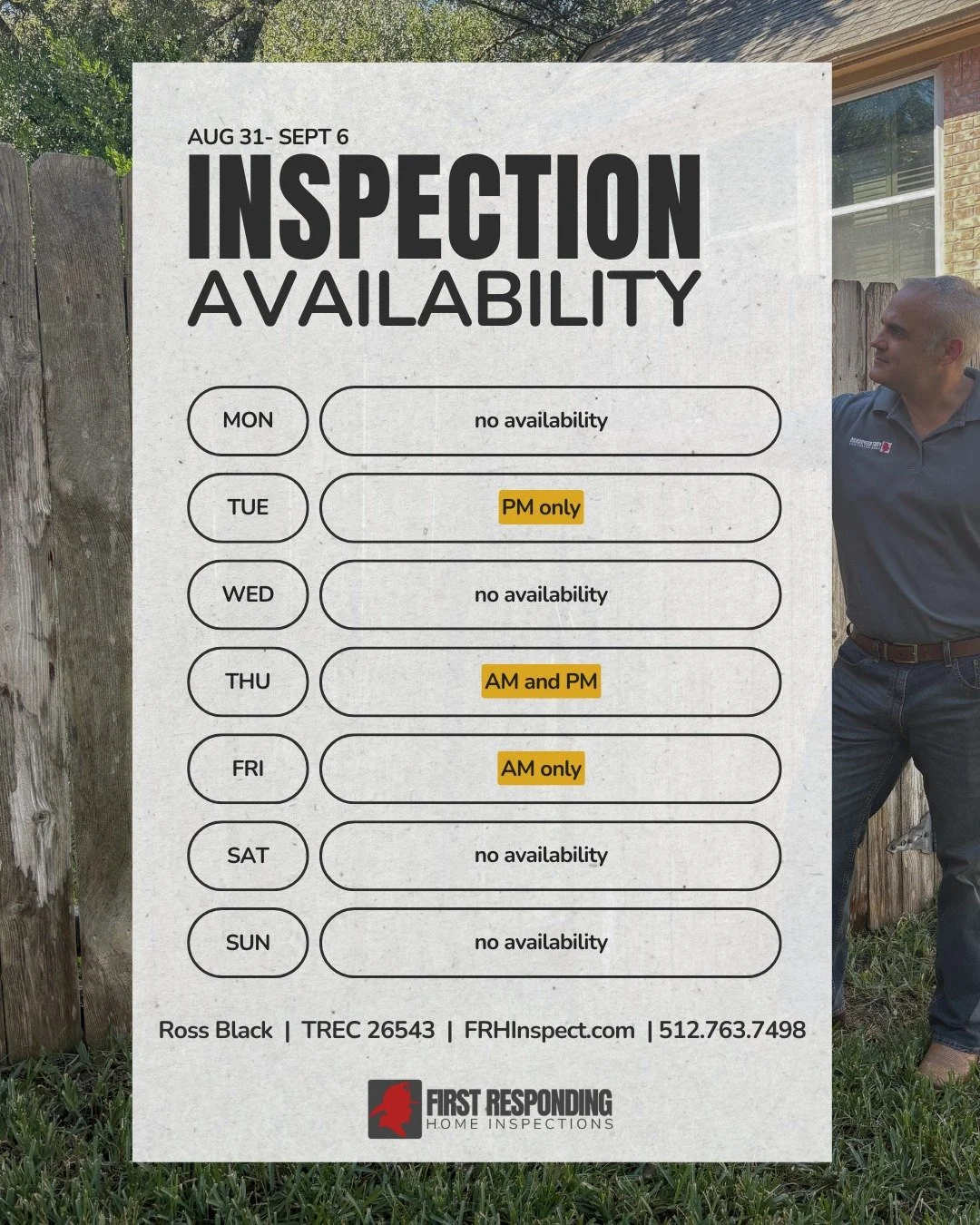 We don't normally share next week's availability until Sunday but it is CRAZY already 🏠🔎🏡🔍 🏘 Open spots are highly limited and we'd love to schedule you for one... but we need to move fast! Book online at FRHInspect.com or call 512.763.7498 to s