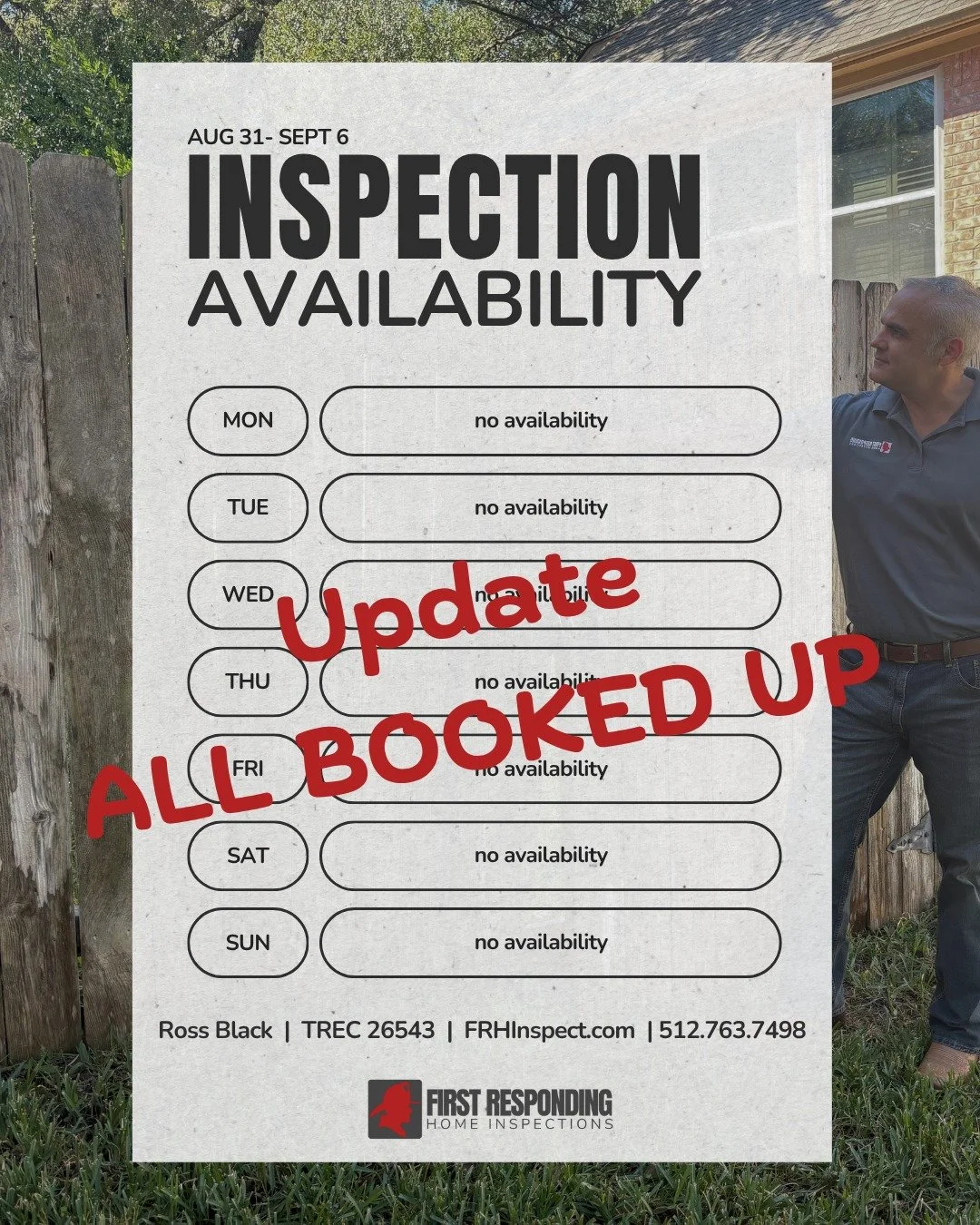 Well that escalated quickly. 📈 Sorry folks, we're all booked up for this week. But Ross is working Labor Day (Monday) and currently available. Book ASAP if you want the spot!

#austinrealestate #atxrealestate #roundrocktx #smallbusiness #homeinspect