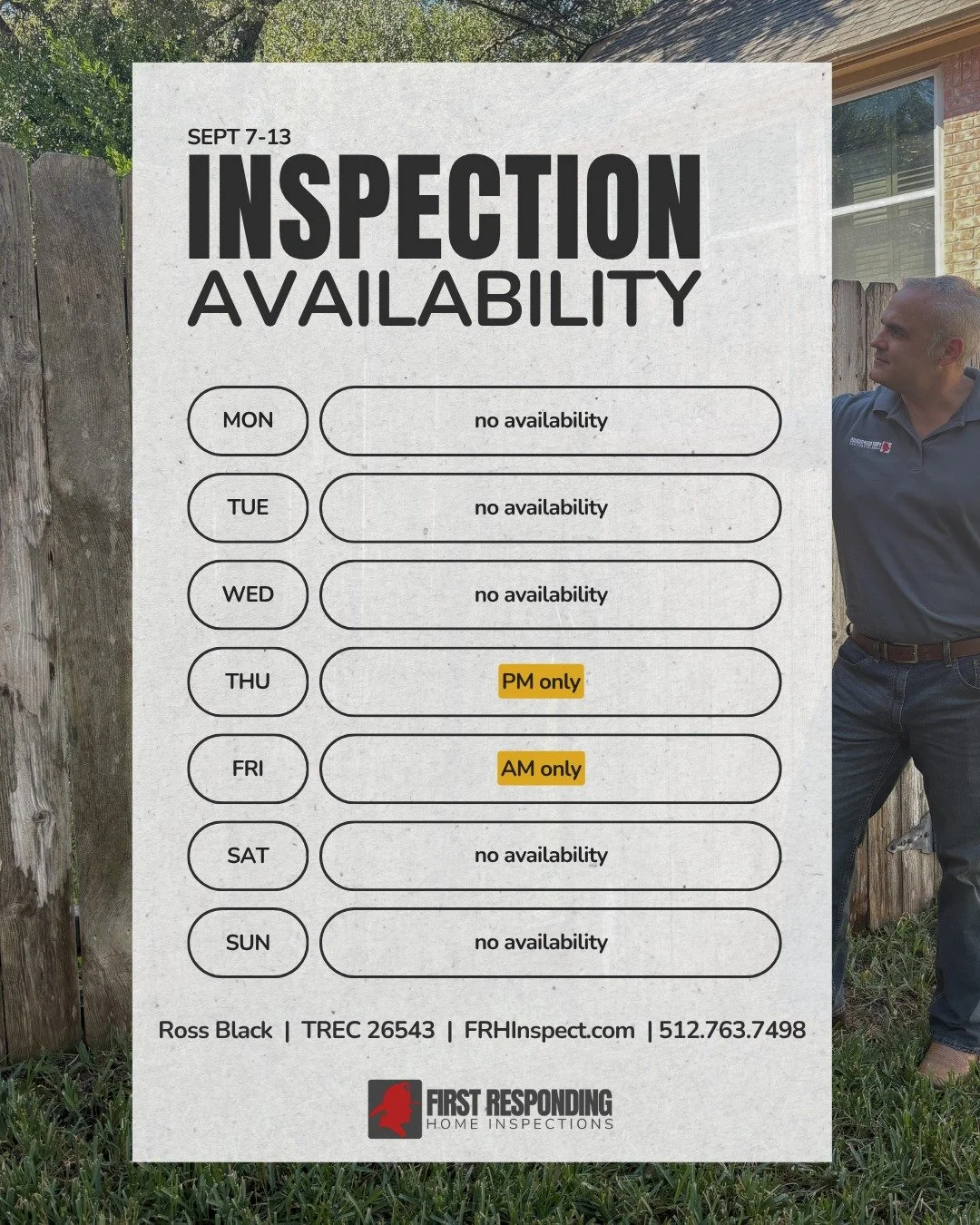 Coming in a bit late on the availability... it's a packed week! 2 spots are open; book them ASAP! #homeinspection #atxrealestate #austintx #austinrealestate #smallbusiness